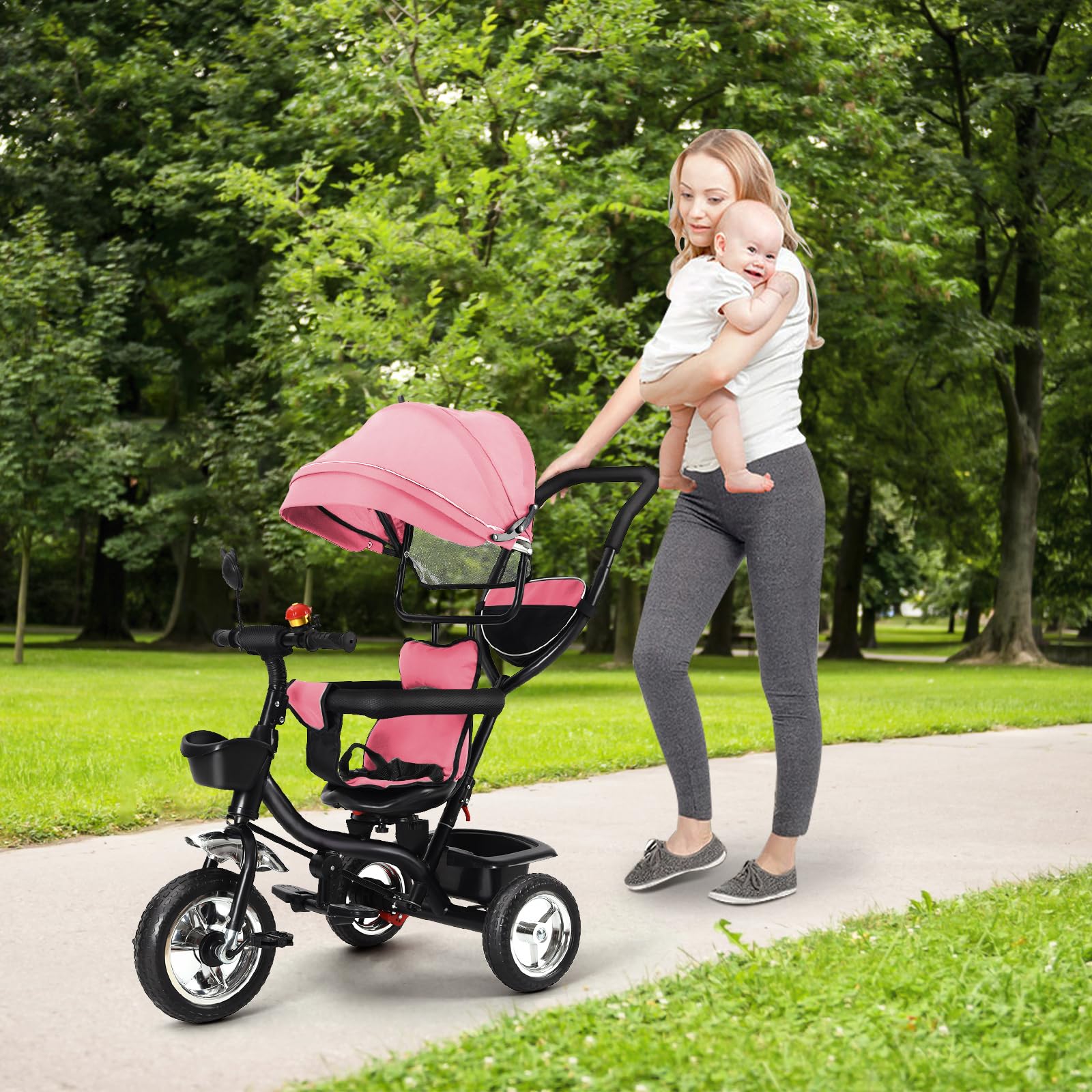 OHMG Triciclo bebé escalable hasta 25 kg, bicicleta de paseo para niños mayores, asiento reversible, bolsa grande, bastón y parasoles plegables, bicicletas, accesorios