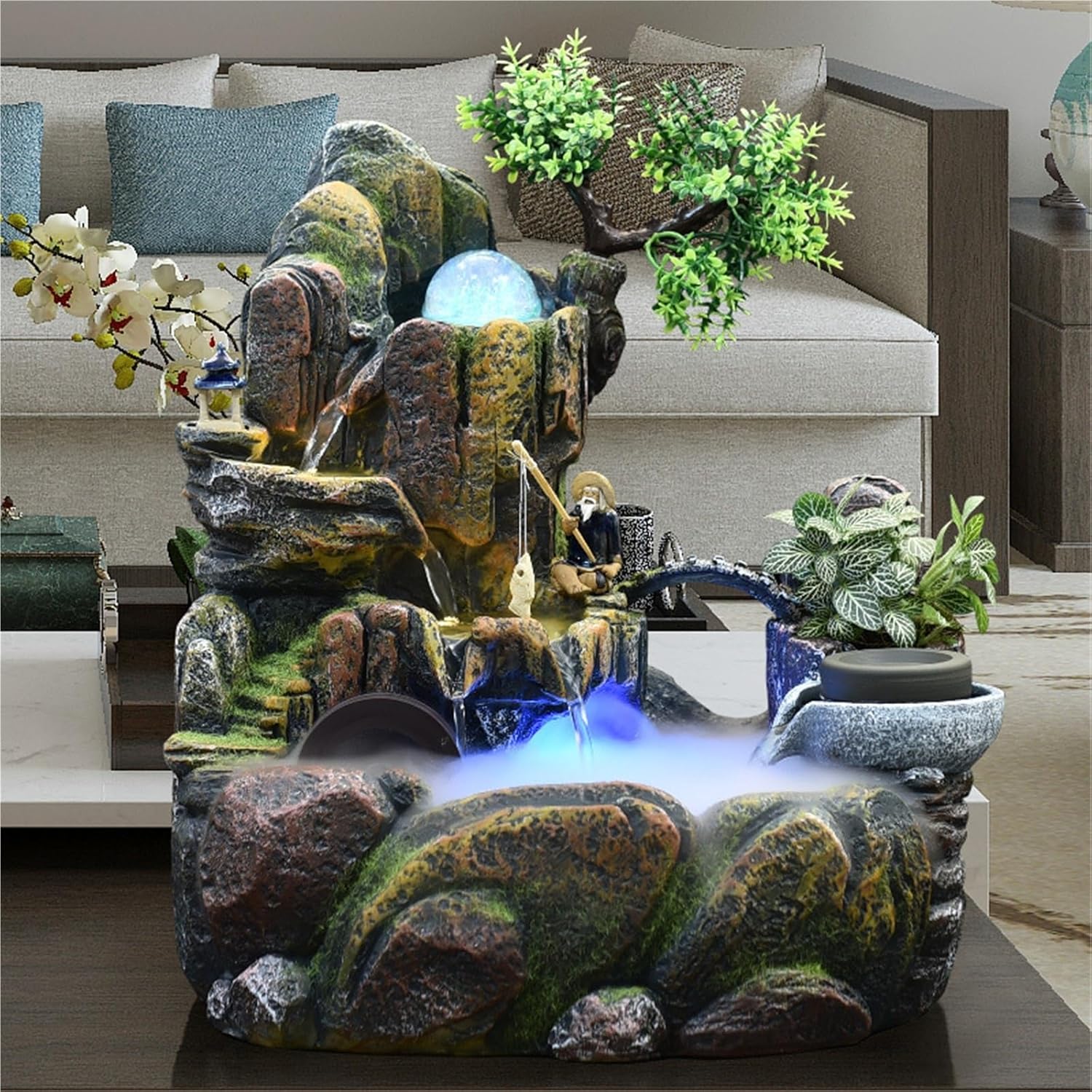 Rockery Landscaping Tabletop Fountain for Glazed Finish and Rotating Crystal Ball, Indoor Zen Waterfall Decor for LED Light for Home Office(Small Without Mist Maker)