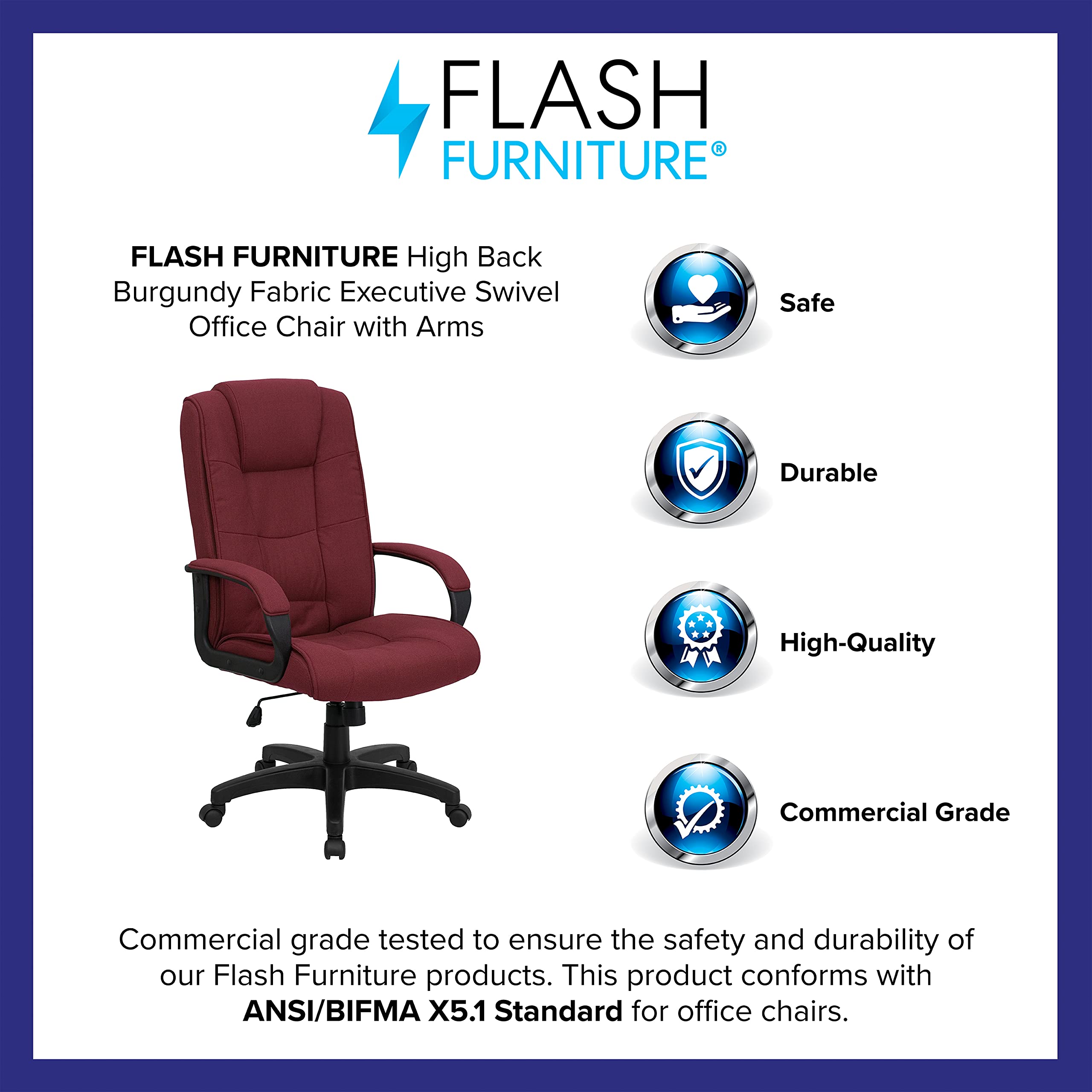 Flash Furniture Chaise de Bureau pivotante exécutive Jessica à Dossier Haut en Tissu Bordeaux avec accoudoirs