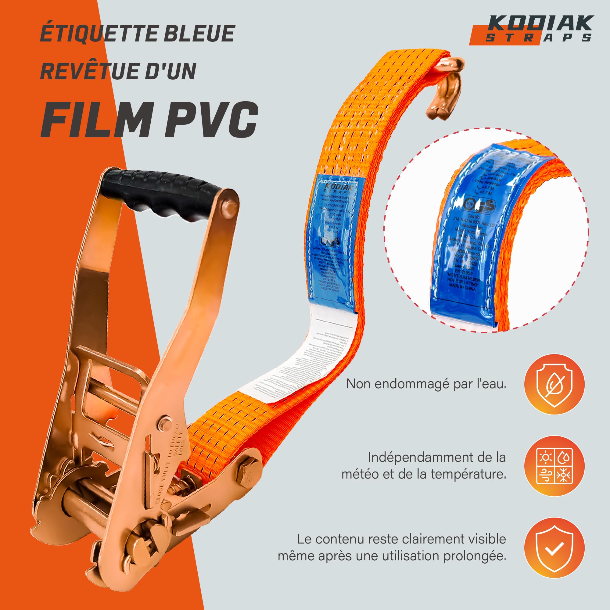 4 Lots de Sangles à Cliquet 8m x 5000kg avec Crochets - Sangles d'Arrimage 50mm Orange pour la Sécurisation des Chargements - Certifié TÜV/GS DIN en 12195-2 - KODIAK STRAPS