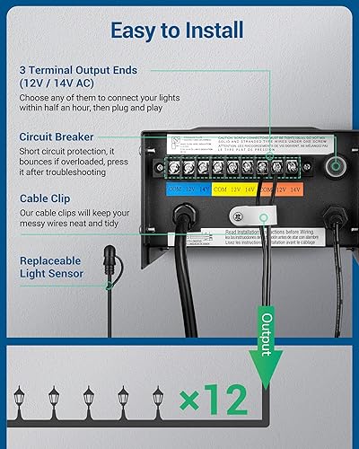 Miniatura 3 de DEWENWILS Transformador de bajo voltaje de 200 W con 3 salidas de control independientes, transformador de paisaje con temporizador y sensor de