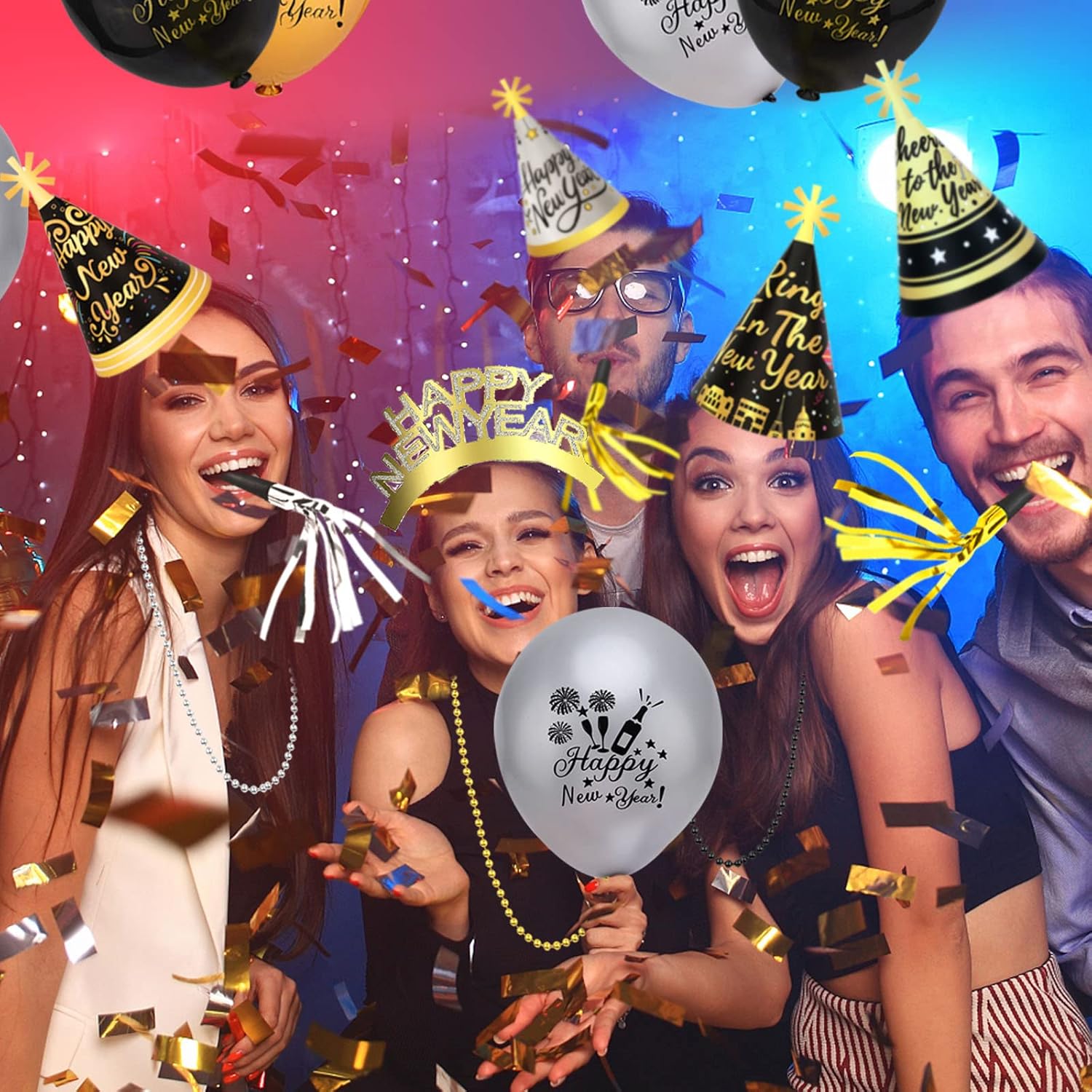 HOWAF 2026 New Year Eve Party Supplies 2026 NYE Decorations Kit - Include Happy New Year Headband Cone Hats Party Blowouts Black Gold Silver NYE Party Favors New Years Eve Accessories Kit, 38 Pieces - Image 7