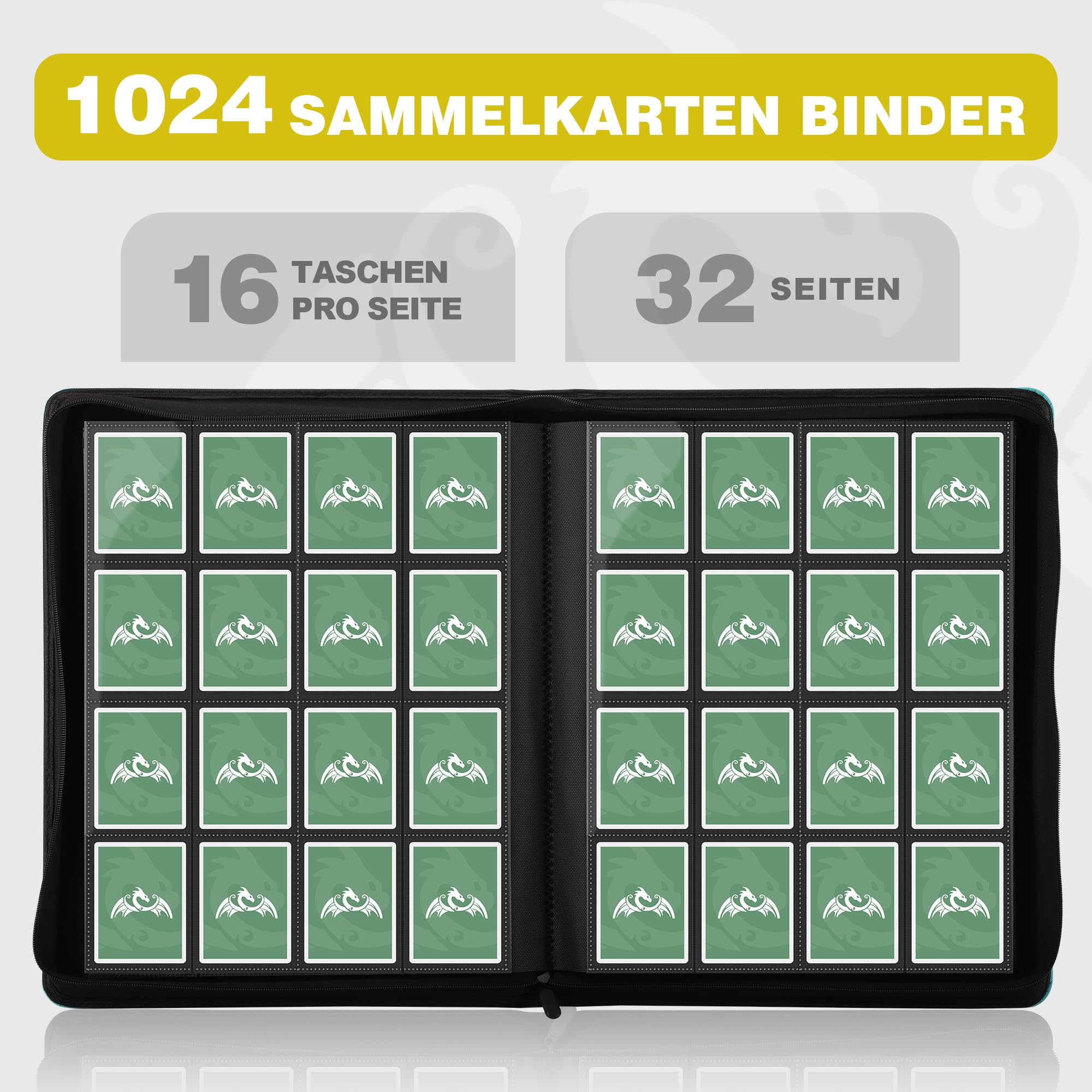 TCGPRO Sammelkarten Album für 1000 Karten, Trading Card Binder mit 16 Kartenfächern pro Seite, Wasserdichte PU-Hülle für Standardgröße-Karten z.B. Sammelkartenspiele, Sportkarten, TCG, Dunkelgrün