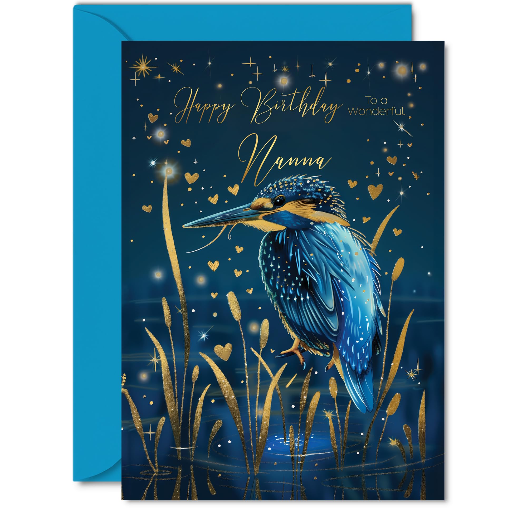 Beautiful Gold Birthday Cards for Nanna - Wonderful Golden Kingfisher - Pretty Traditional Elegant Birthday Card for Nanna from Granddaughter Grandson, A5 Gran Gorgeous Greeting Cards Gift