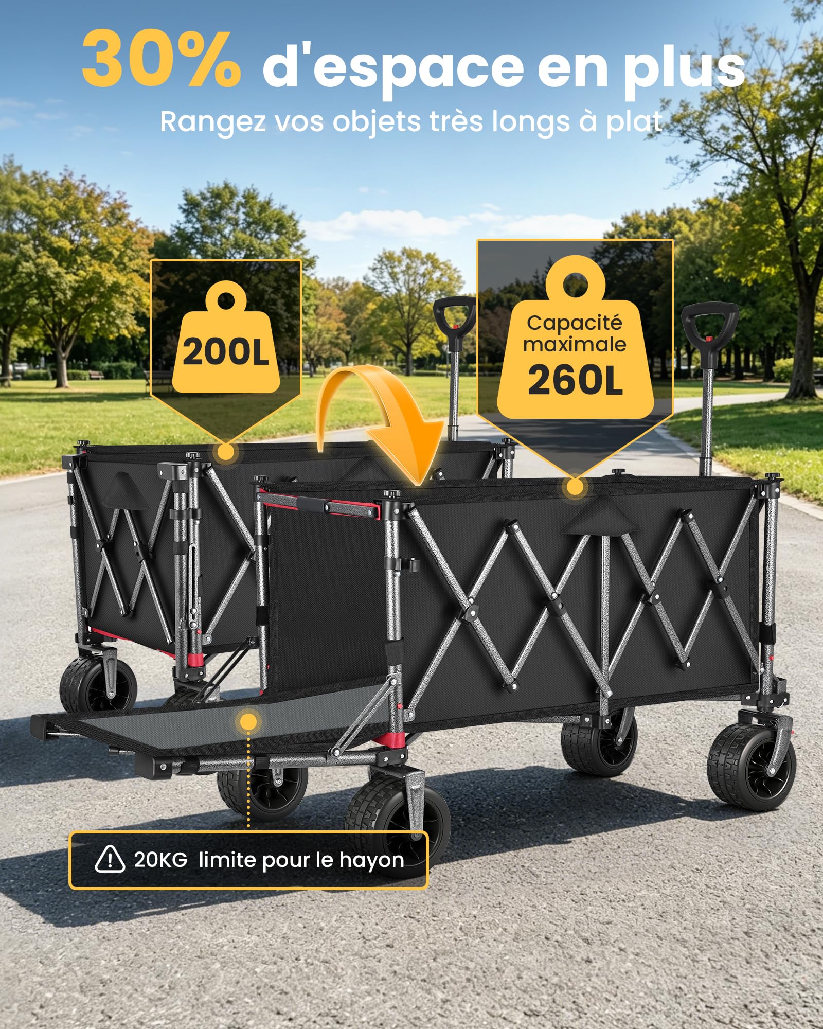 YEAUPE PRO Chariot Pliable 260L 250KG, Roues Larges Tout-Terrain 17cm, Noir | Porte Arrière Rabattable pour Objets Longs, Chariot de Plage Léger 13KG pour Jardin, Camping, Courses & Événements Sportifs