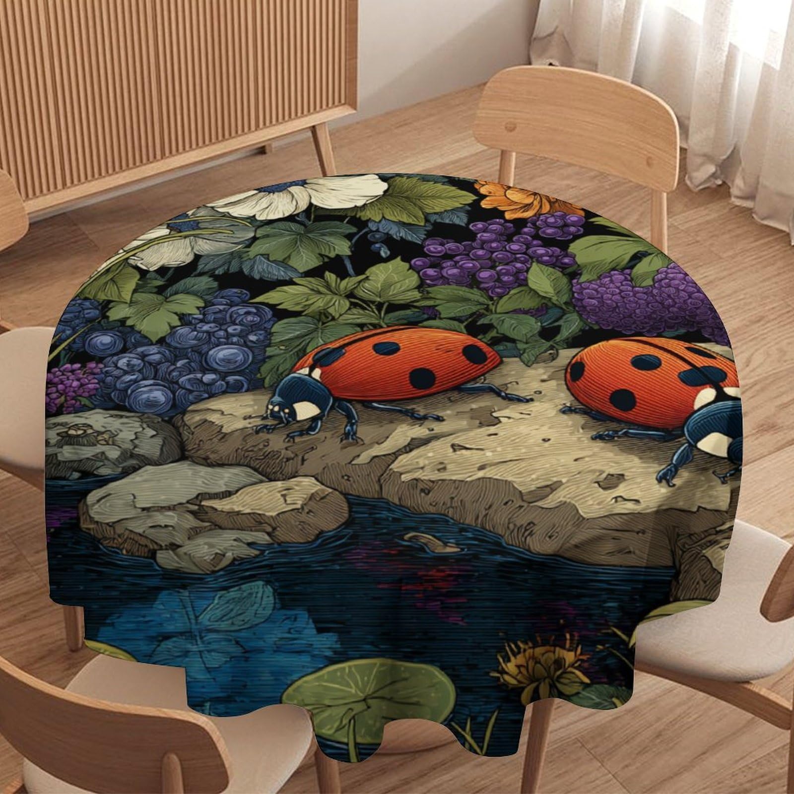 LUYYSKY Vintage Abstract Cute Ladybug Waterproof Round Tablecloth Colorful Watercolor Spring Garden Botanical Daisies Floral Washable Table Cover for Kitchen-127 Wx127 L cm