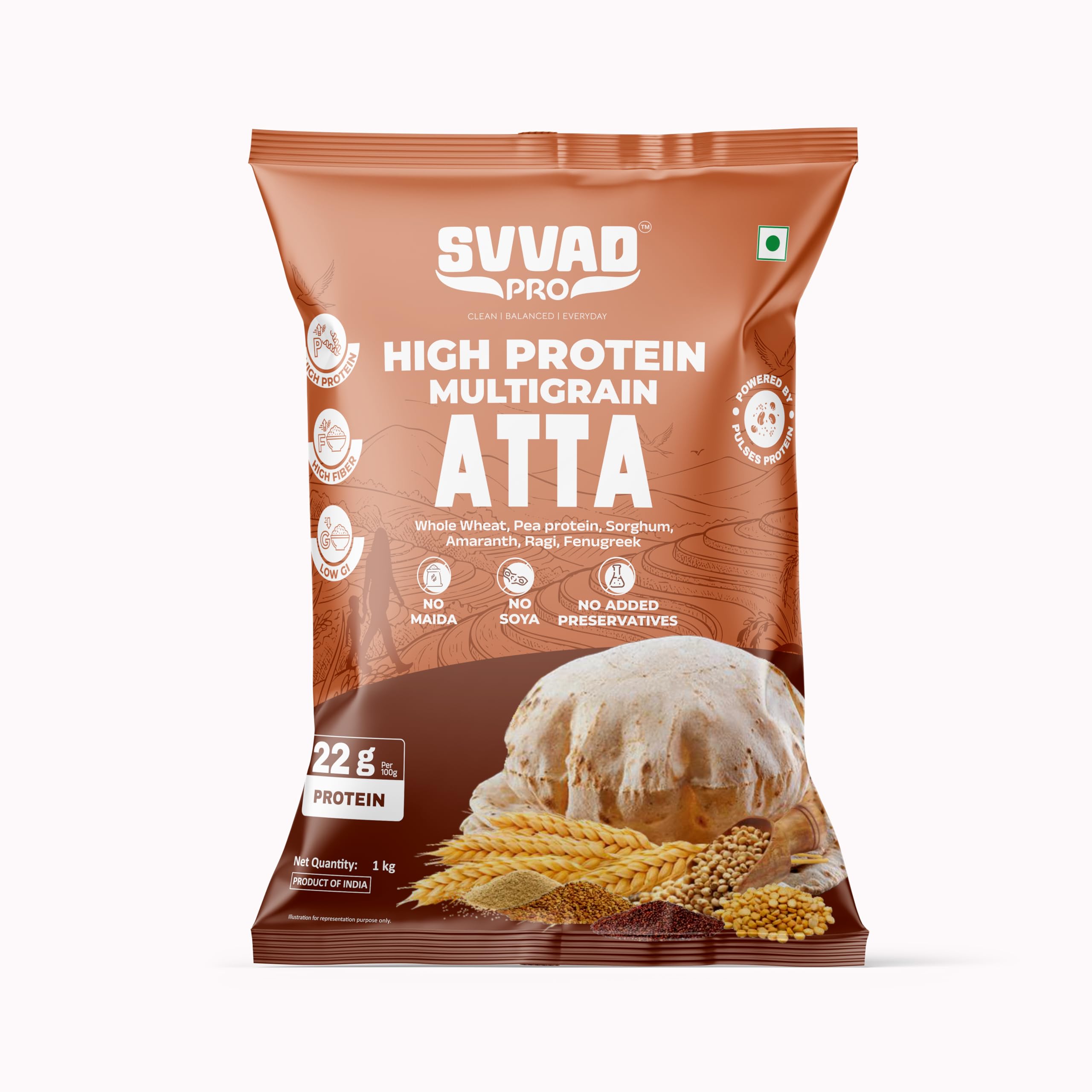 SVVAD PRO High Protein Multigrain Atta (22g Protein) Powered by Pea Protein Fraction High in Fibre Low GI Flour Ragi, Amaranth (Rajgira) Fenugreek (Methi) 2X Protein vs Regular Atta No Soya & Maida 1 kg-image-12