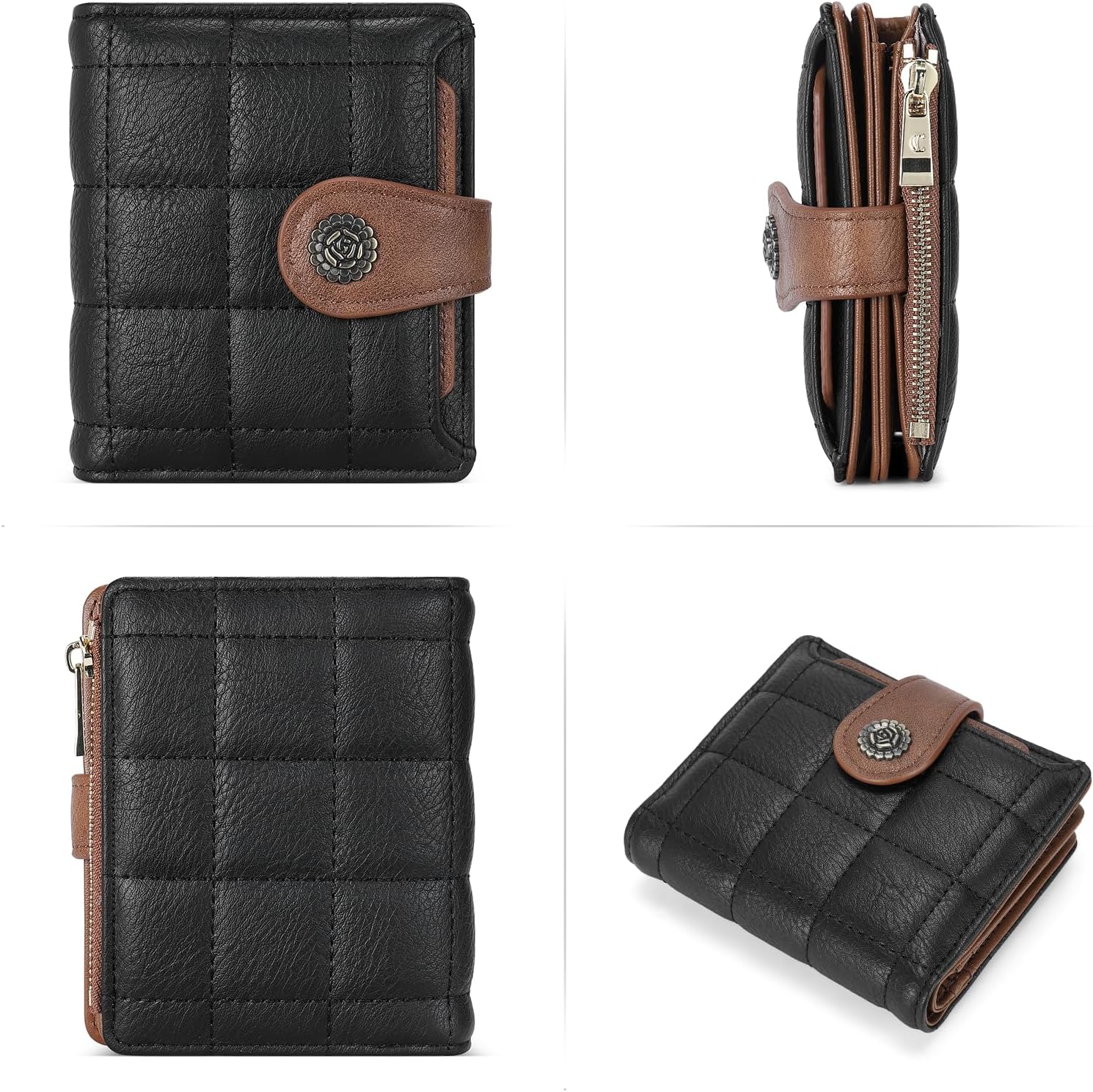 CLUCI Small Wallets for Women RFID Blocking Leather Trifold Compact Credit Card Holder with ID Window Ladies Zipper Coin Purse Black with Brown - Image 6