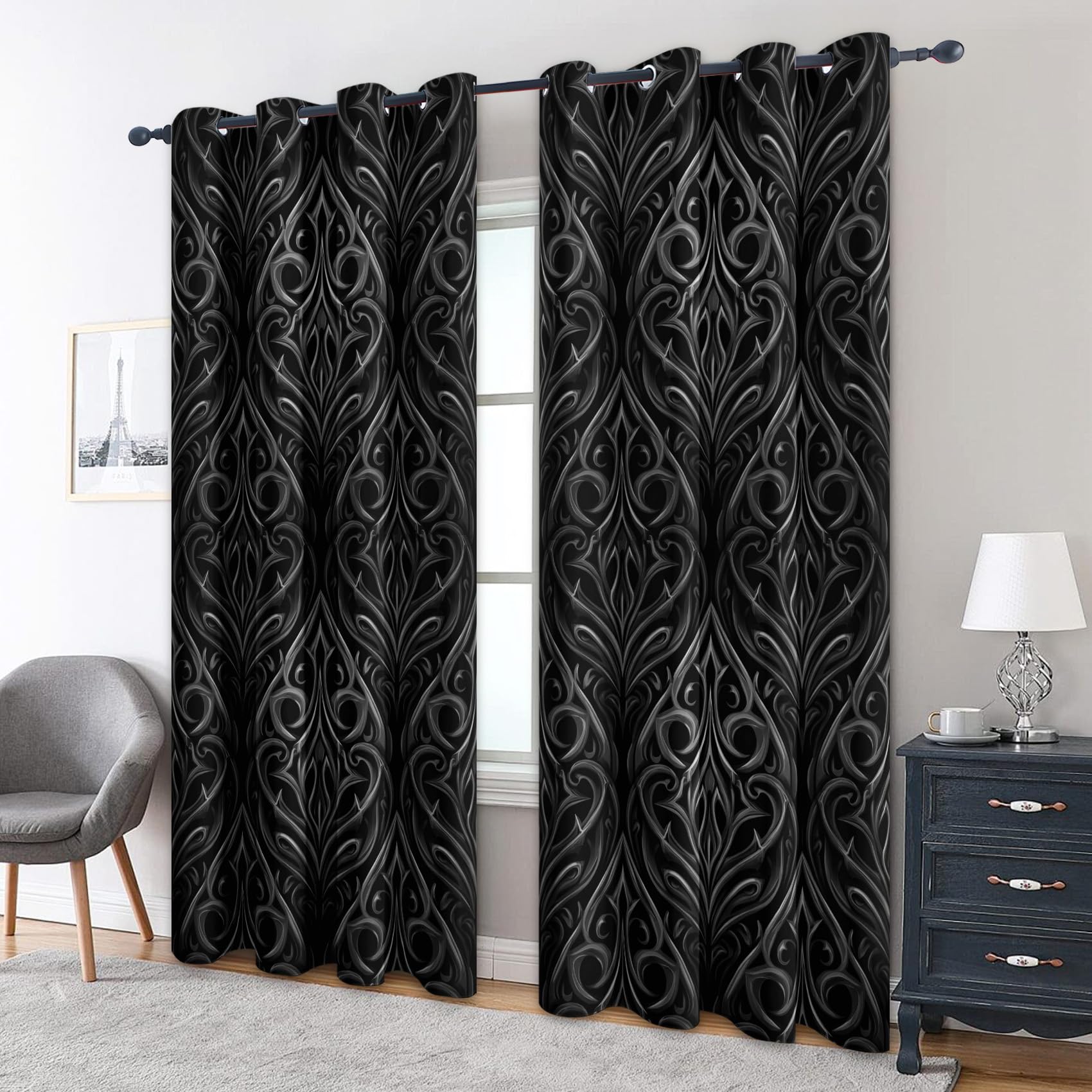 Black Gothic Curtains, Goth Blackout Curtains for Bedroom Living Room, 46x72 Inch Drapes, Eyelet Thermal Window Treatments, 2 Panels K121