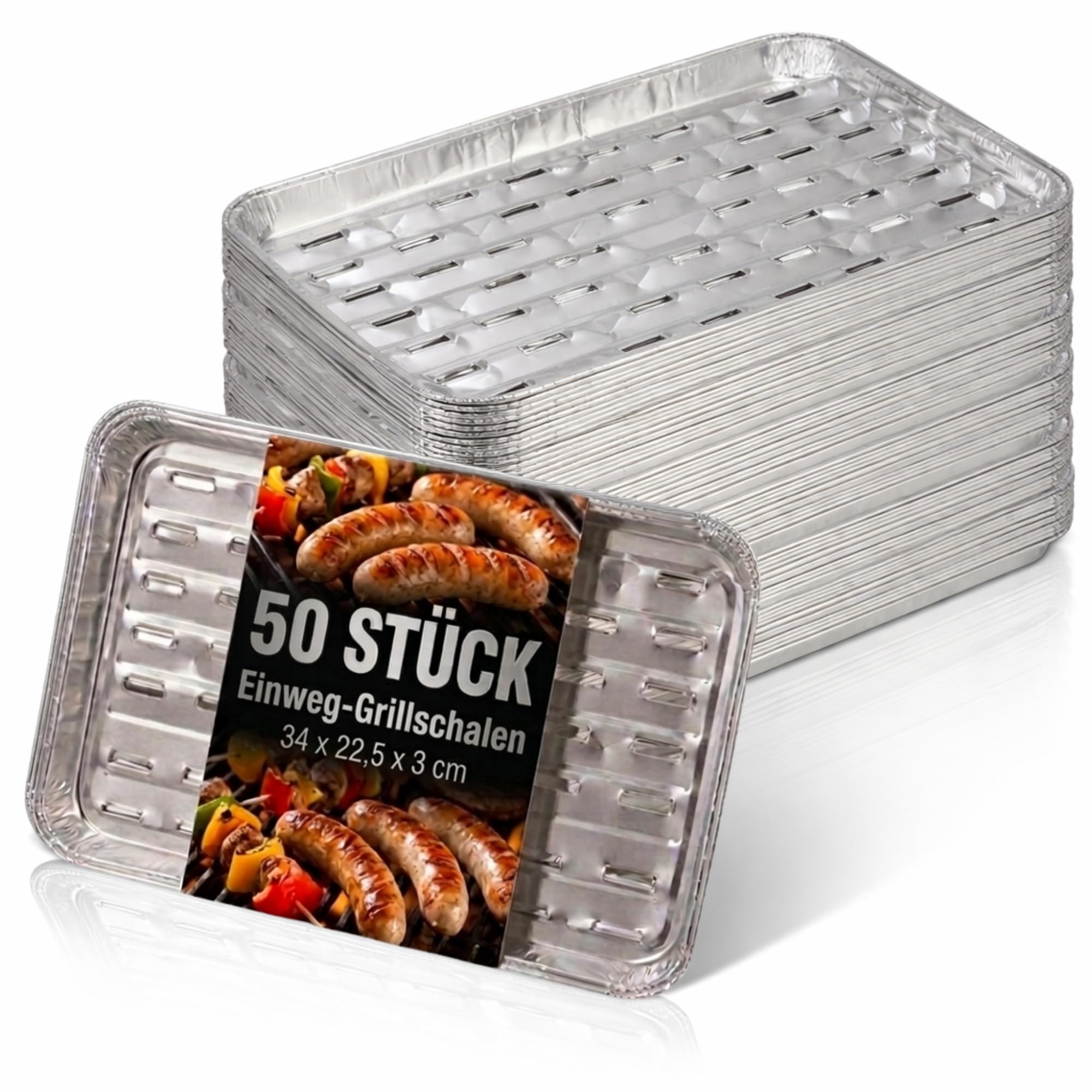 Einweg-Grillschalen aus Aluminium 34 x 22,5 x 3 cm mit, 50 Stück | Lüftungsschlitzen, Hitzebeständige Alu Grillschalen groß, BBQ Grillpfanne für Grill & Backofen, Aluschalen, Grilltassen, Tray