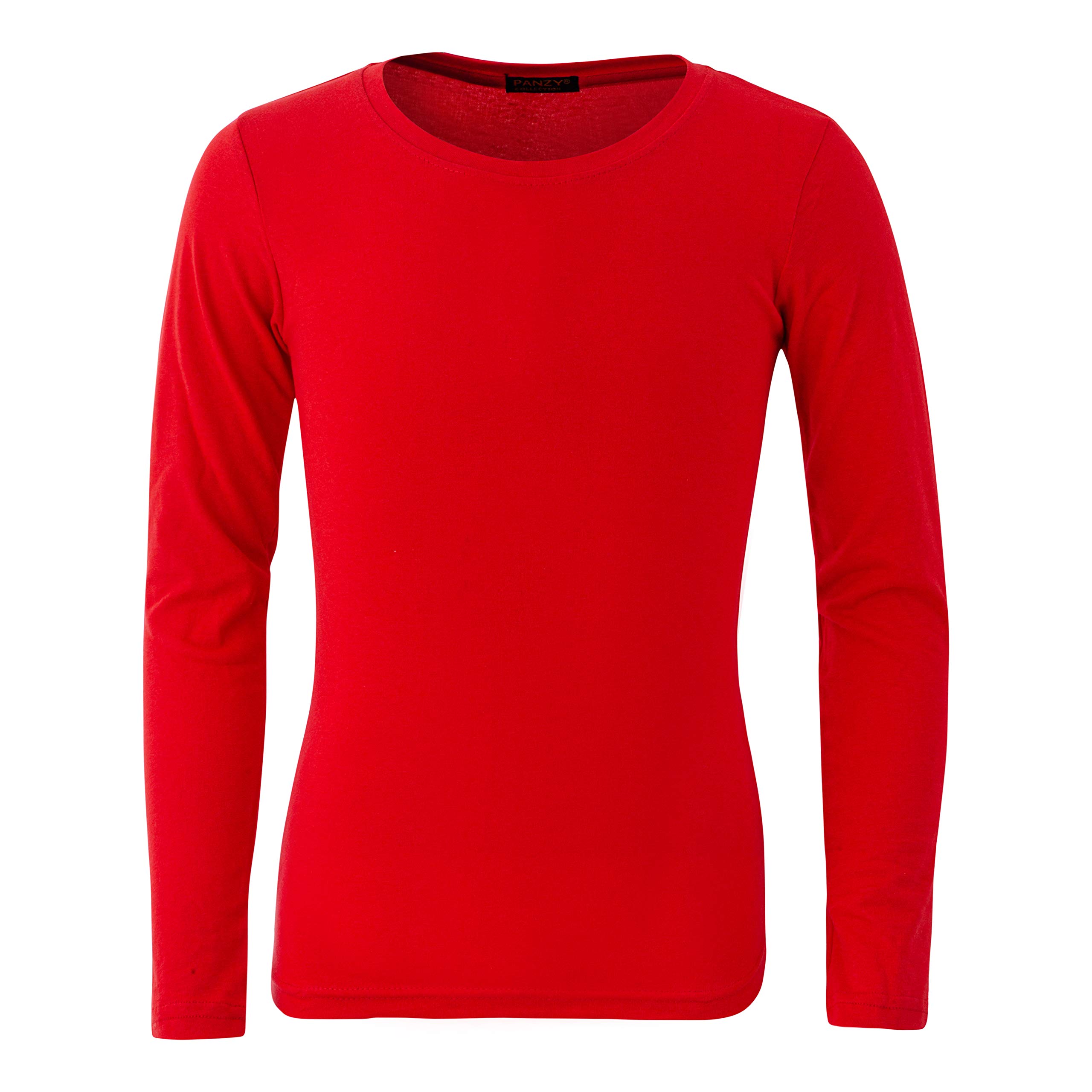 Panzy® Girls Long Sleeve Plain Basic Cotton (95%) Top Kids T-Shirt Tops Crew Uniform Tee (13 yrs, Red)