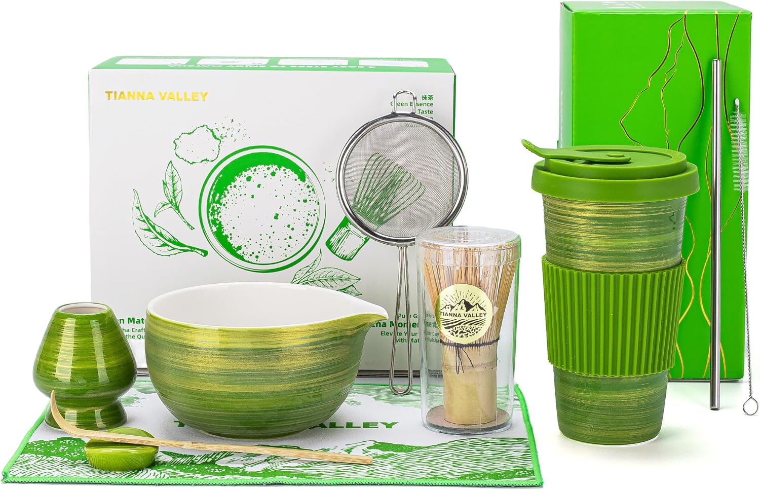 7 Pcs Matcha Whisk Set&Travel Coffee Mug Green