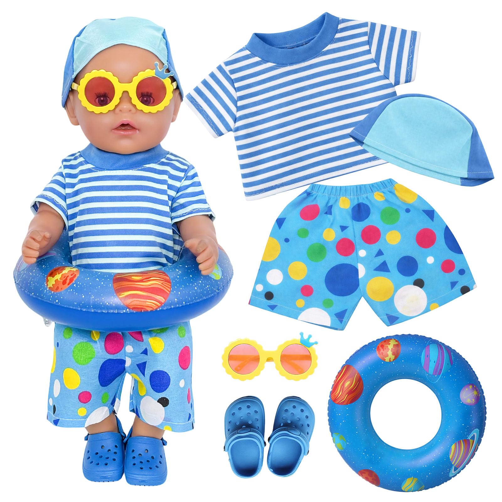 6PCS Swimming Baby Doll Clothes Swimsuit for 14-18 Inch Dolls Maritime Blue Motif Swimming Outfit Doll Cloth with Swimming Cap, Swimming Ring, Shoes and Sunglasses for 35–45 cm Swimming Dolls