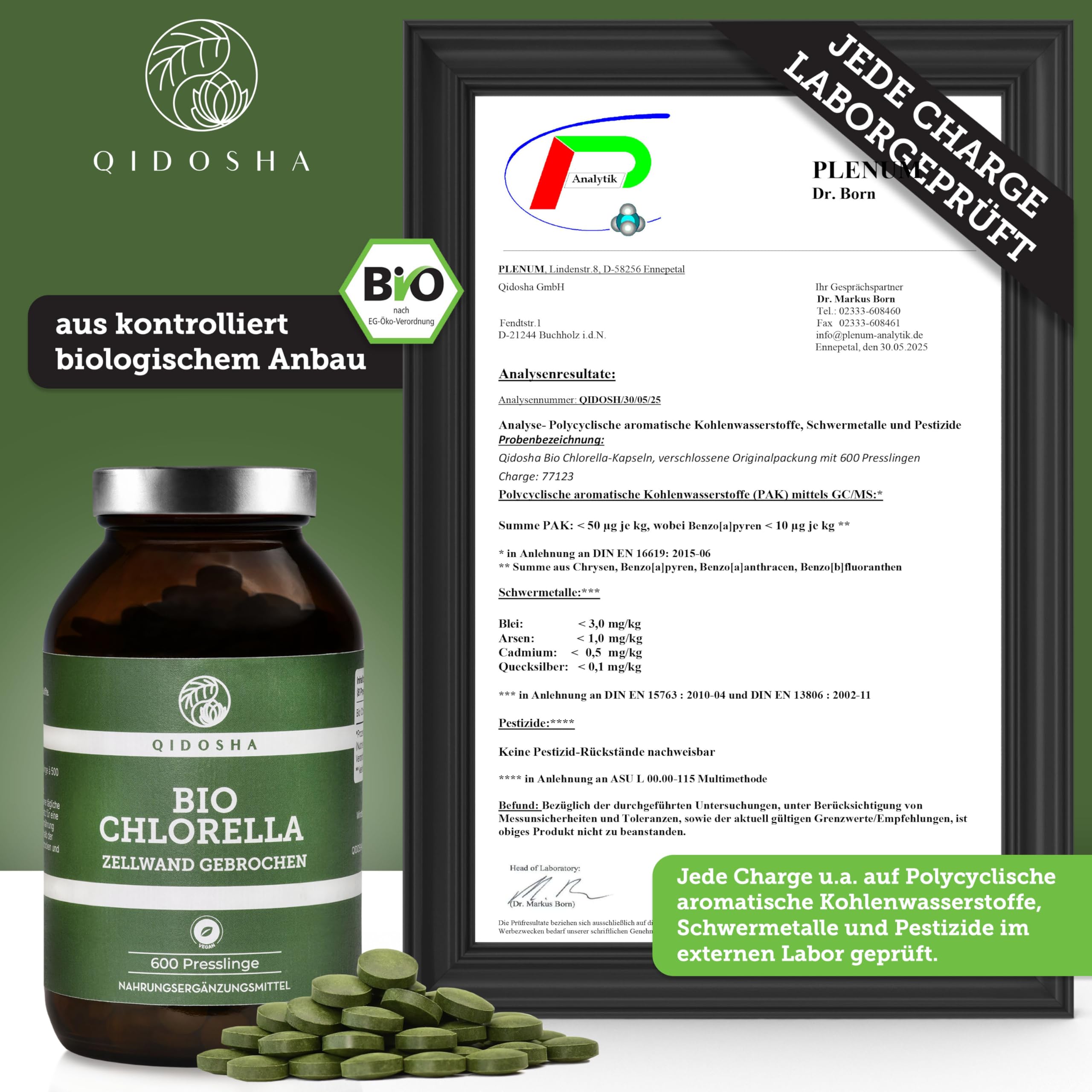 QIDOSHA® Bio Chlorella Presslinge, 600 Stk/Glas, 500mg je Pressling, 100% natürliches Bio-Chlorella vulgaris Pulver aus kontrolliert biologischem Anbau, mit bereits aufgebrochener Zellwand