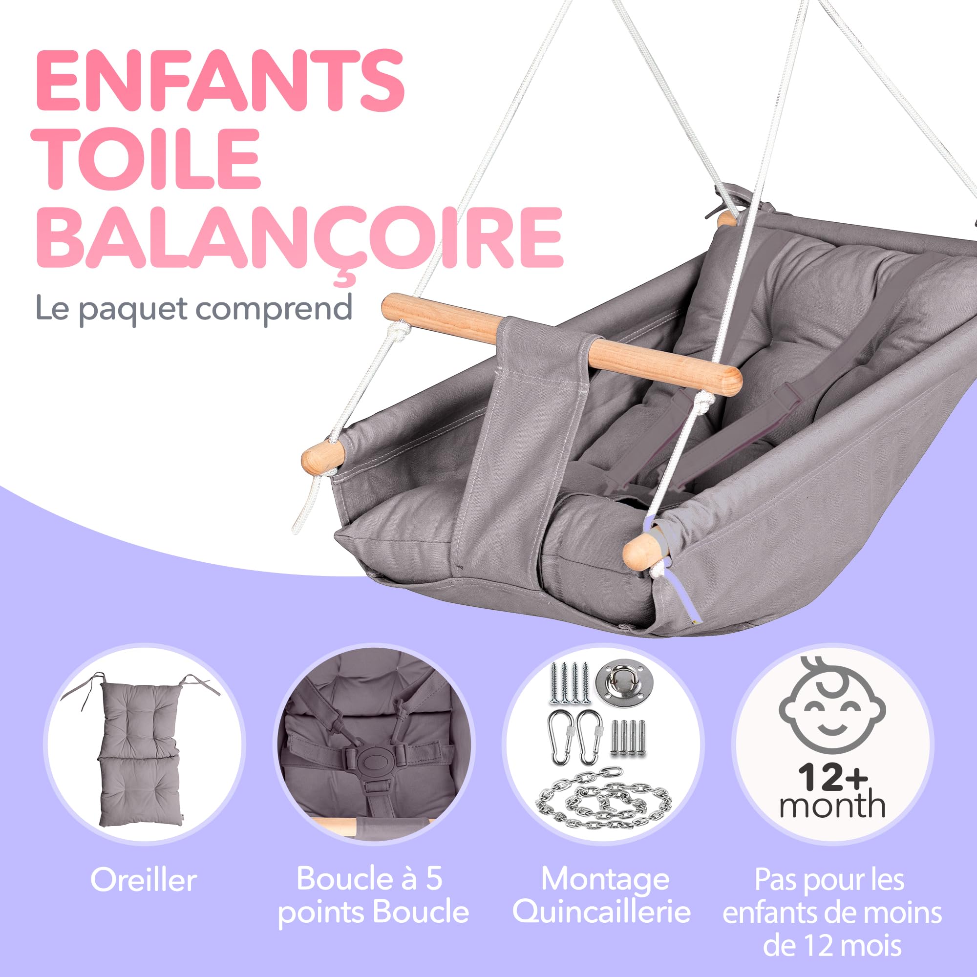 Balançoire pour bébé en Toile par Cateam - Gris - Siège de balançoire Suspendu en Bois pour bébé avec Ceinture de sécurité et matériel de Montage. Cadeau d'anniversaire de Chaise bébé hamac.