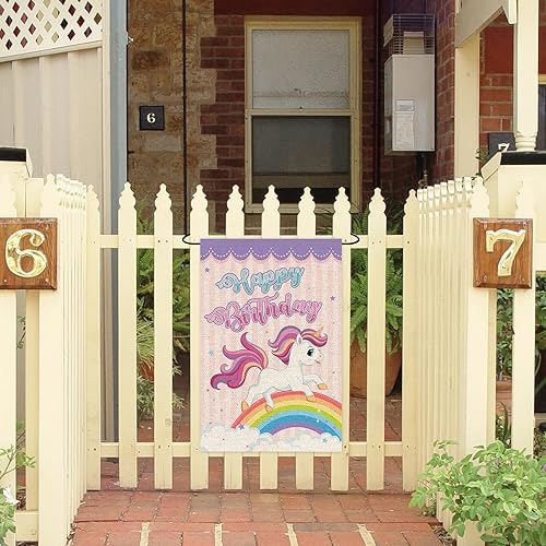 Miniatura 6 de Bandera de jardín de feliz cumpleaños, arpillera vertical de doble cara, fiesta de cumpleaños para niños y niñas, decoración al aire libre para