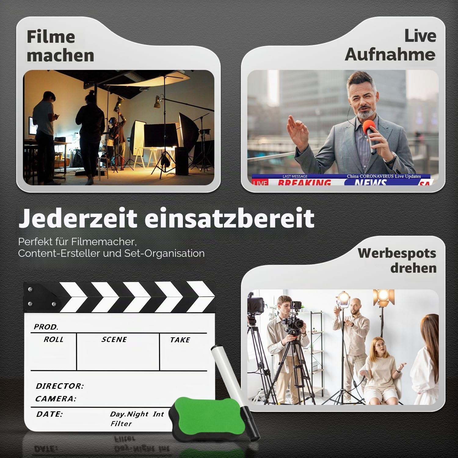 Flexzion Filmklappe für Regisseure, Acryl-Platte trocken abwischbar, Filmtafel für Studio, Kamera, Theaterrequisiten, TV, Video, Filmschnitt, Action-Szene – 25,4 x 30,5 cm mit schwarz/weißen