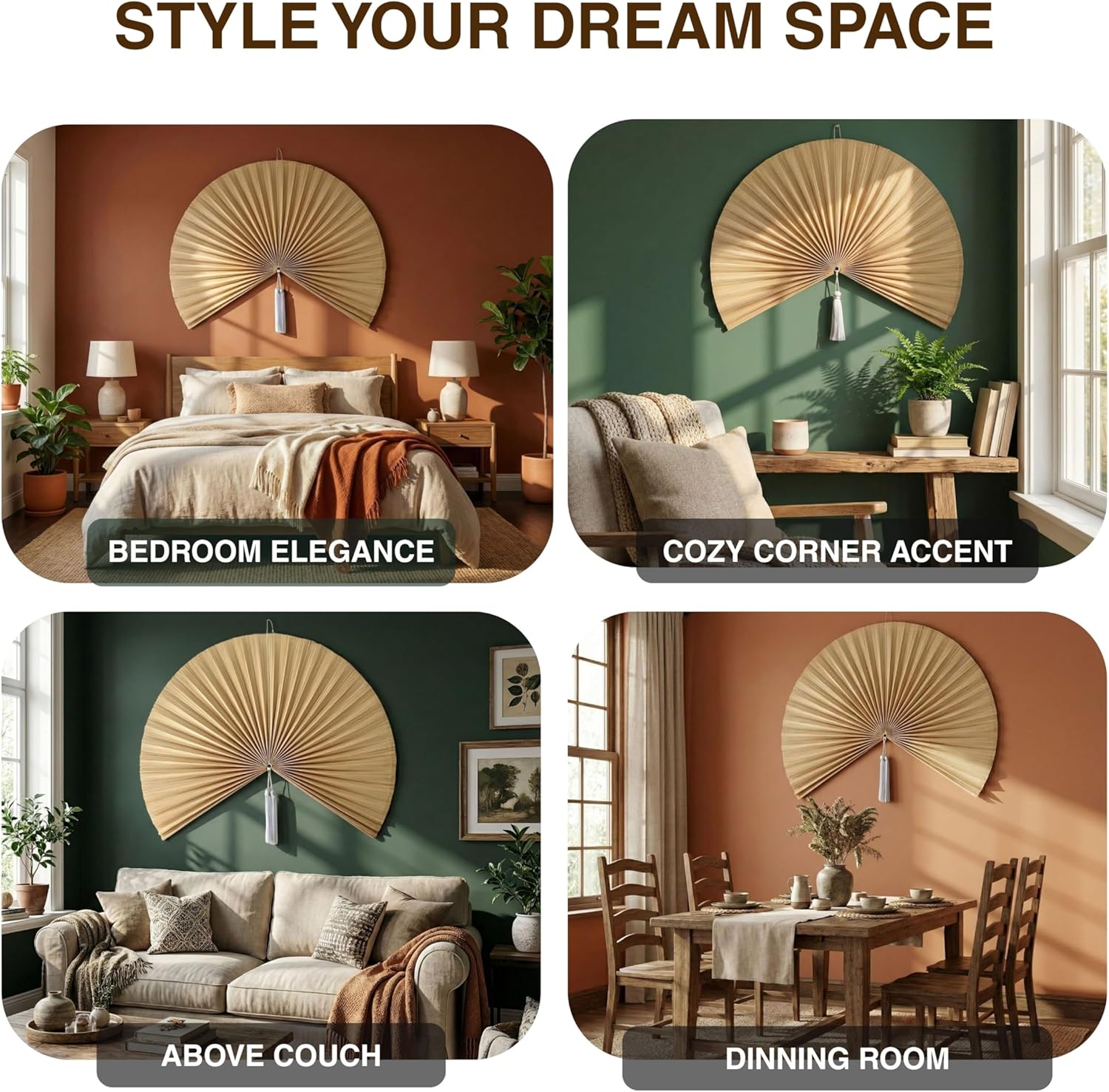 Bamboo Wall Fan - Handwoven Bamboo Wall Decor, 47 / 60" Japanese Wall Hanging Fan for Bedroom, Fireplace, Natural Asian Wall Art for Boho & Farmhouse with Hook Strap Included (60 Inch, Beige)