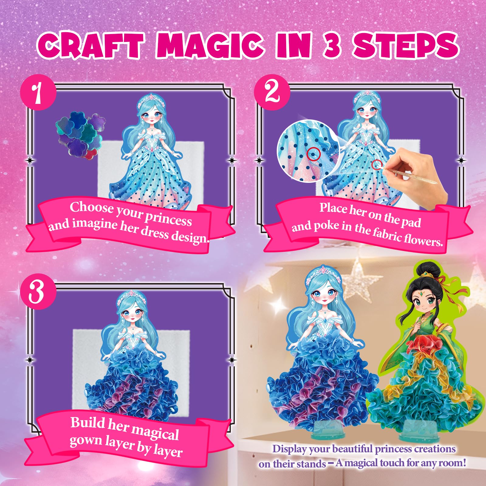 Twinkle Charm Poke Art Kit Loisir Créatif Princesse | 6 Princesses à Décorer & 800+ Fleurs en Tissu | Activité Manuelle sans Colle pour Fille 4-9 Ans | Système Poke-in | Cadeau Anniversaire & Noël