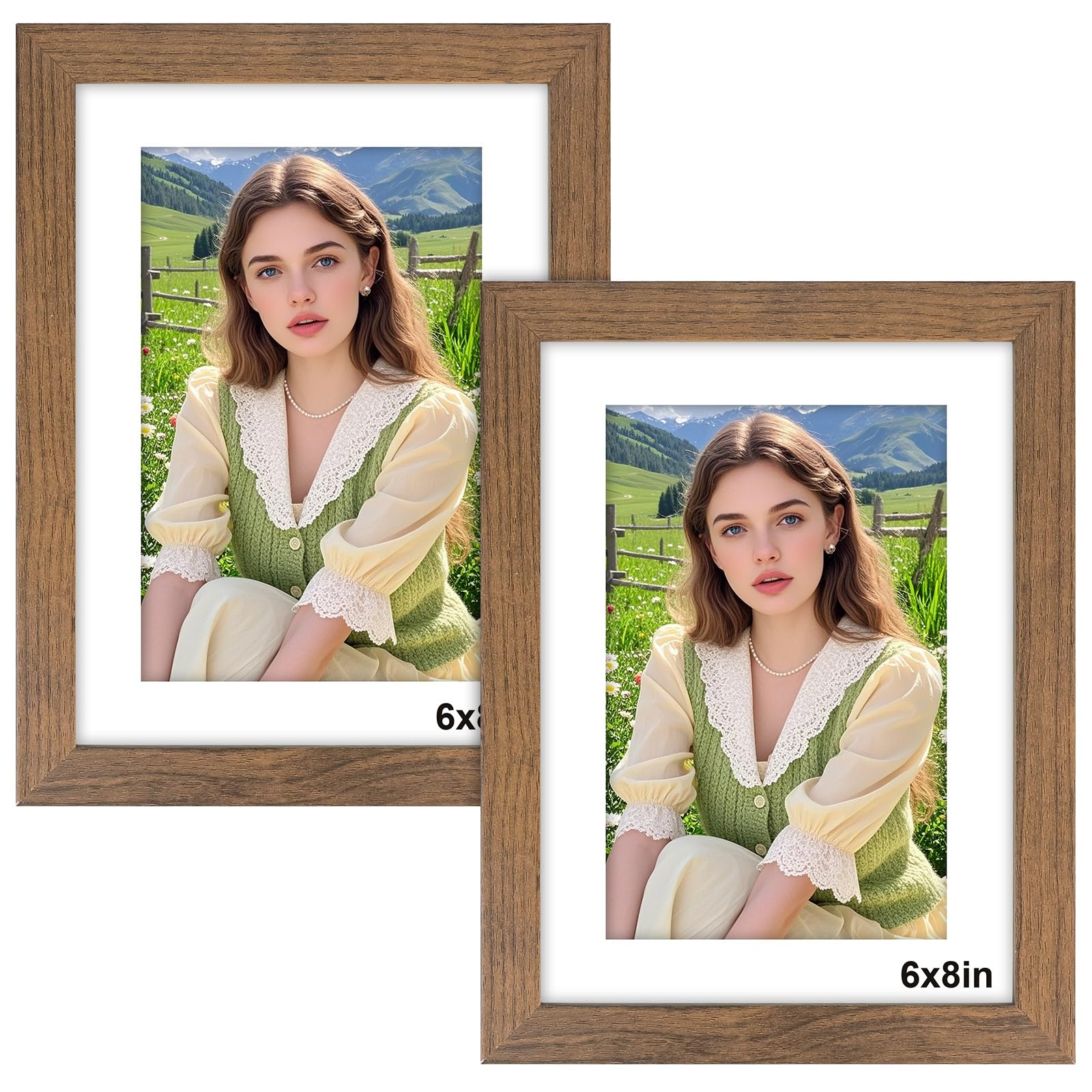 8x6 Photo Frame with Mount - 2 Pack Brown Wood Finished 6x8 Picture Frames, Photo Frames 8x6 Picture Frame for Wall Mount & Desktop