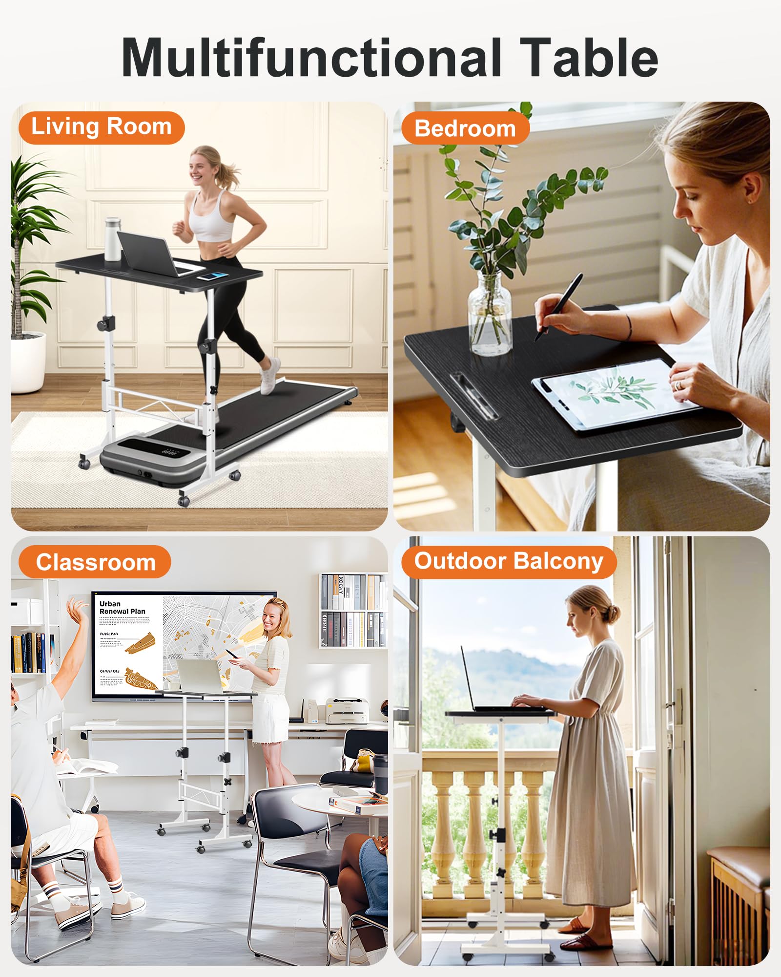 RayLove Bureau réglable en Hauteur avec roulettes, Bureau d'ordinateur Mobile avec 4 roulettes verrouillables, Bureau Assis-Debout Noir et Blanc, Compatible avec Tapis de Course et Tapis de Marche
