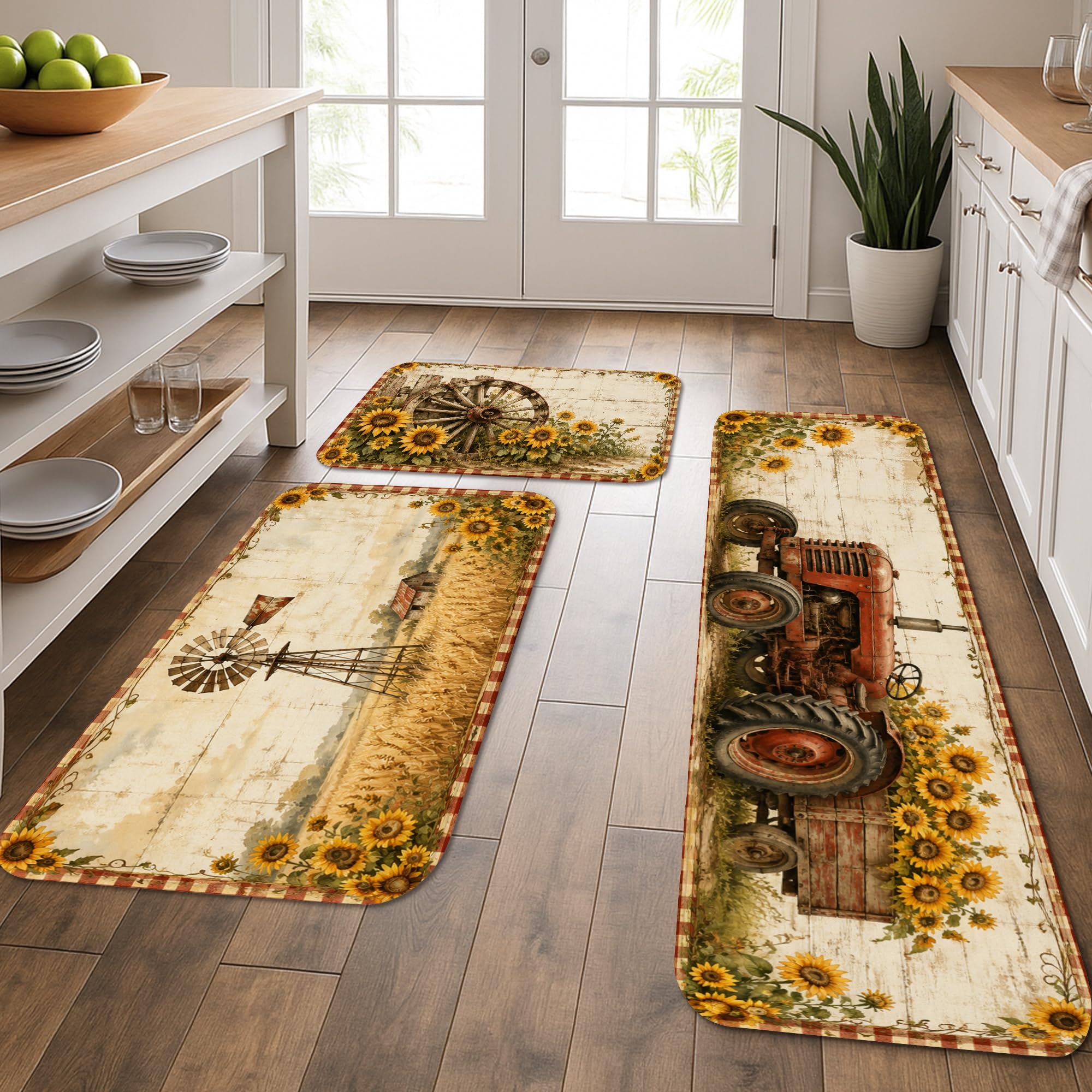 Tapis de cuisine tournesol rustique lavables | Lot de 3