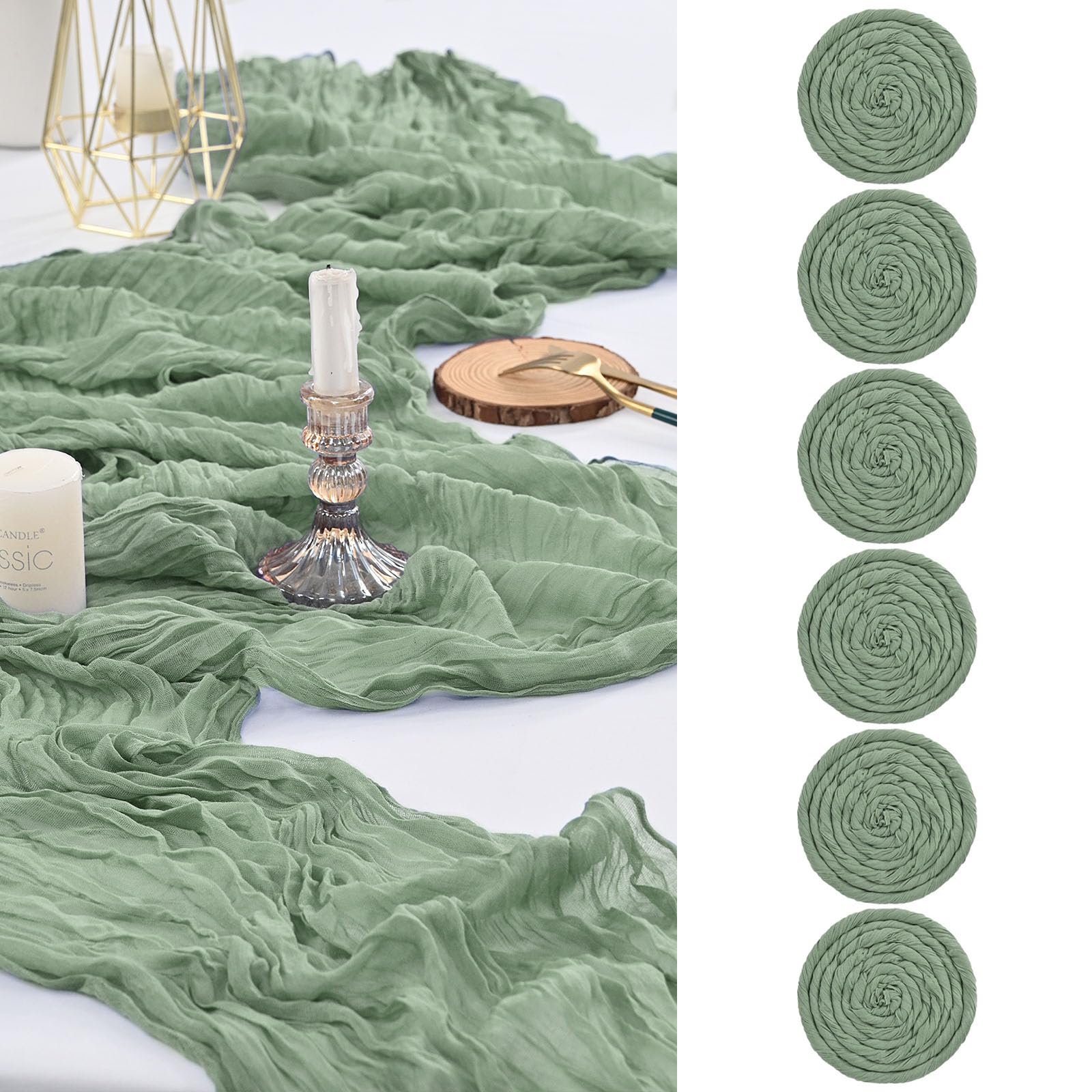 FXKS 6PCS Sage Green Cheesecloth Table Runner,55x300 cm Table Runner