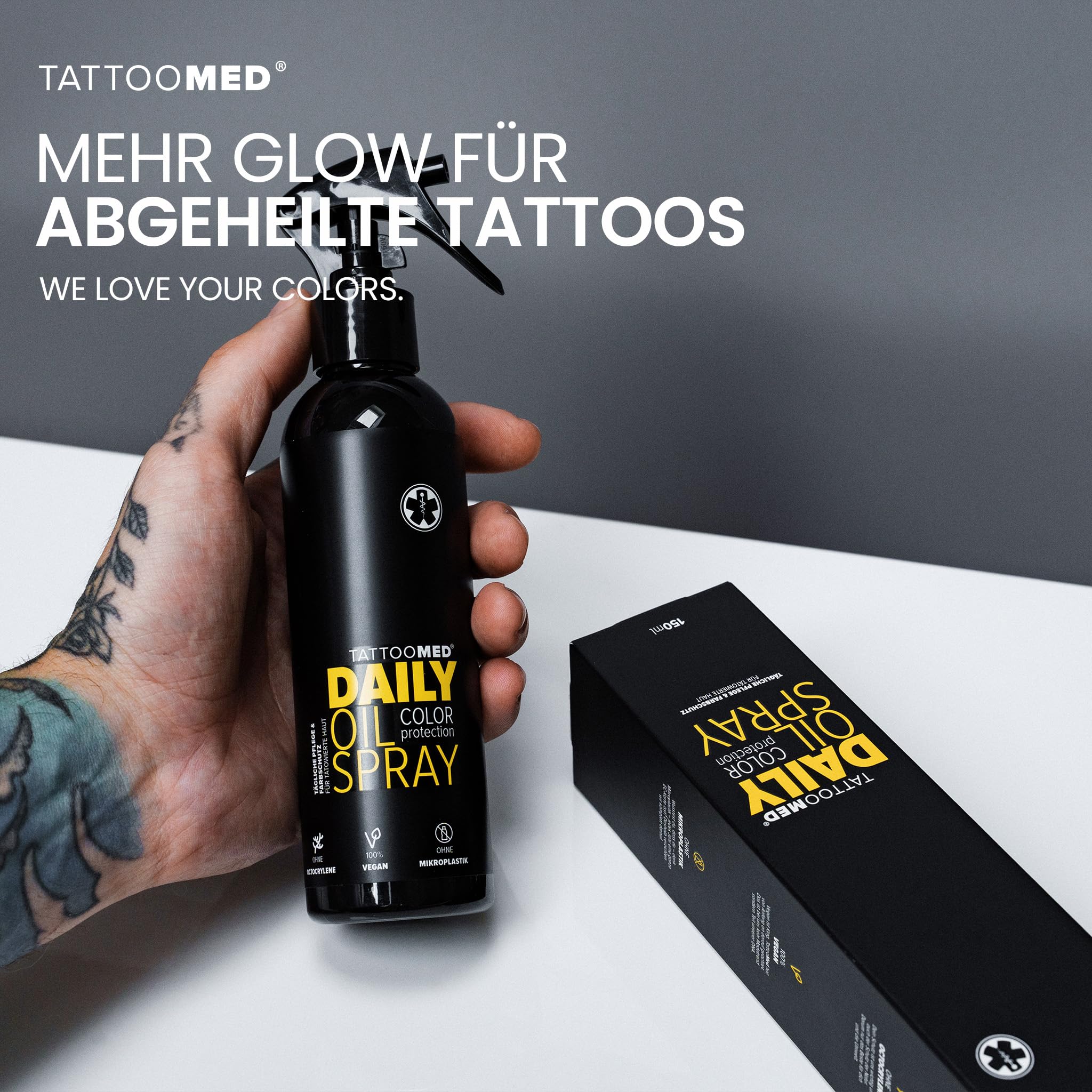 TattooMed Daily Oil Spray 150ml - Tägliches Pflegeöl für Tätowierte Haut mit UV Schutz - 150ml Sprayflasche (Packung mit 2)