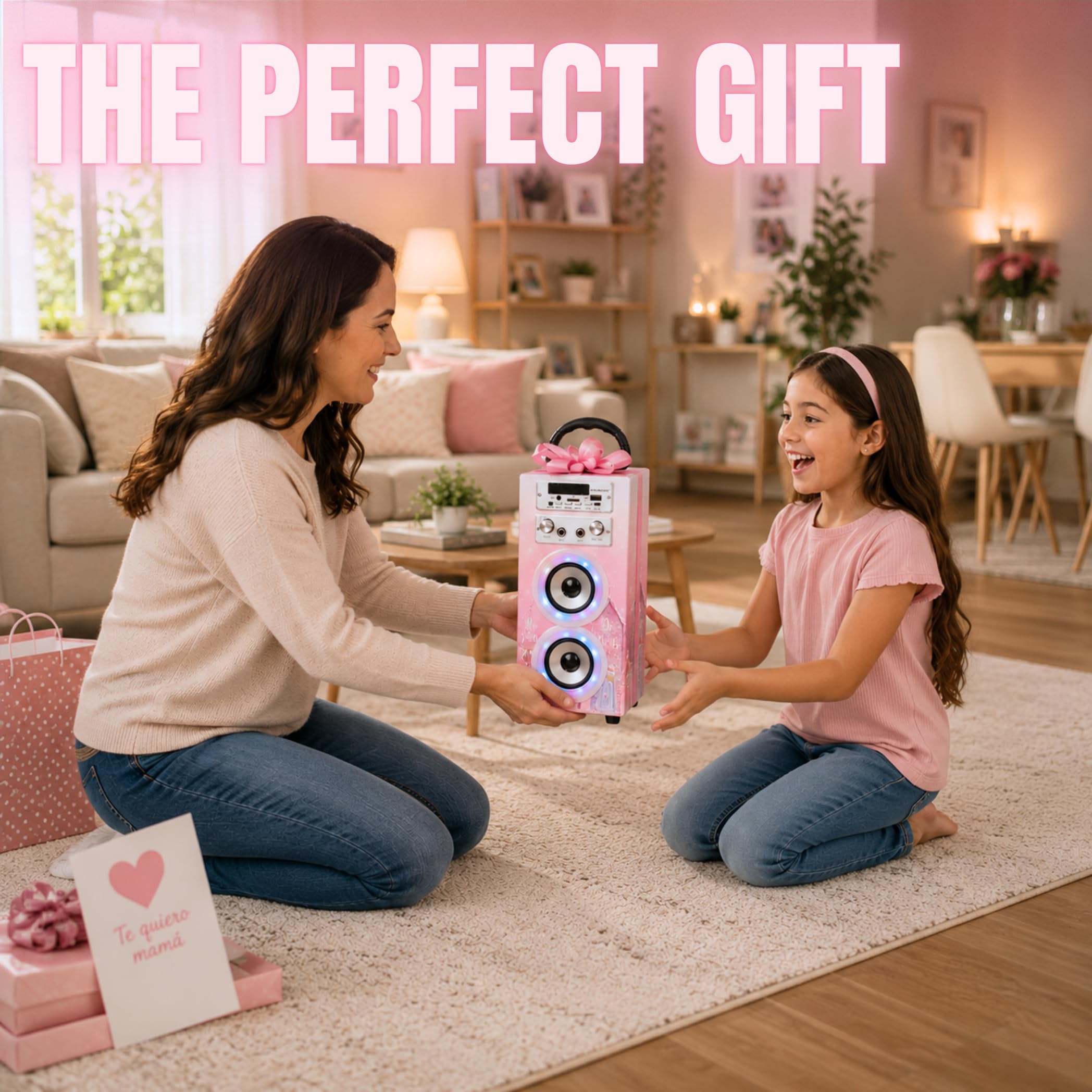 Dynasonic Karaoke Altavoz Bluetooth Portatil, 2 Micrófonos, USB/SD/AUX, Luces LED, Batería Recargable. Regalo para niños, comunión, cumpleaños y Fiestas