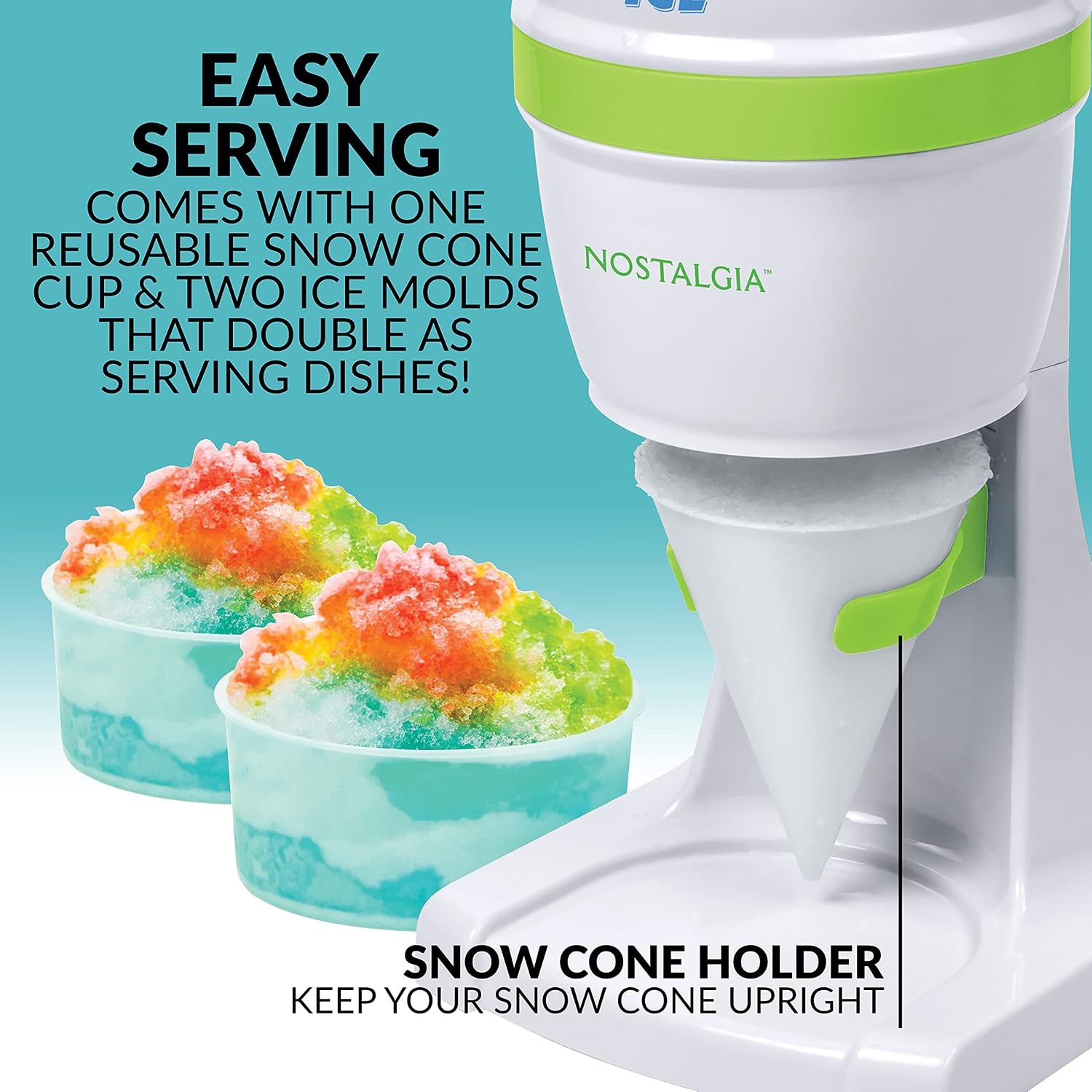 Nostalgia Snow Cone Shaved Ice Machine - Retro Table-Top Slushie Machine - Includes 1 Reusable Plastic Cup and Ice Molds, White, Green