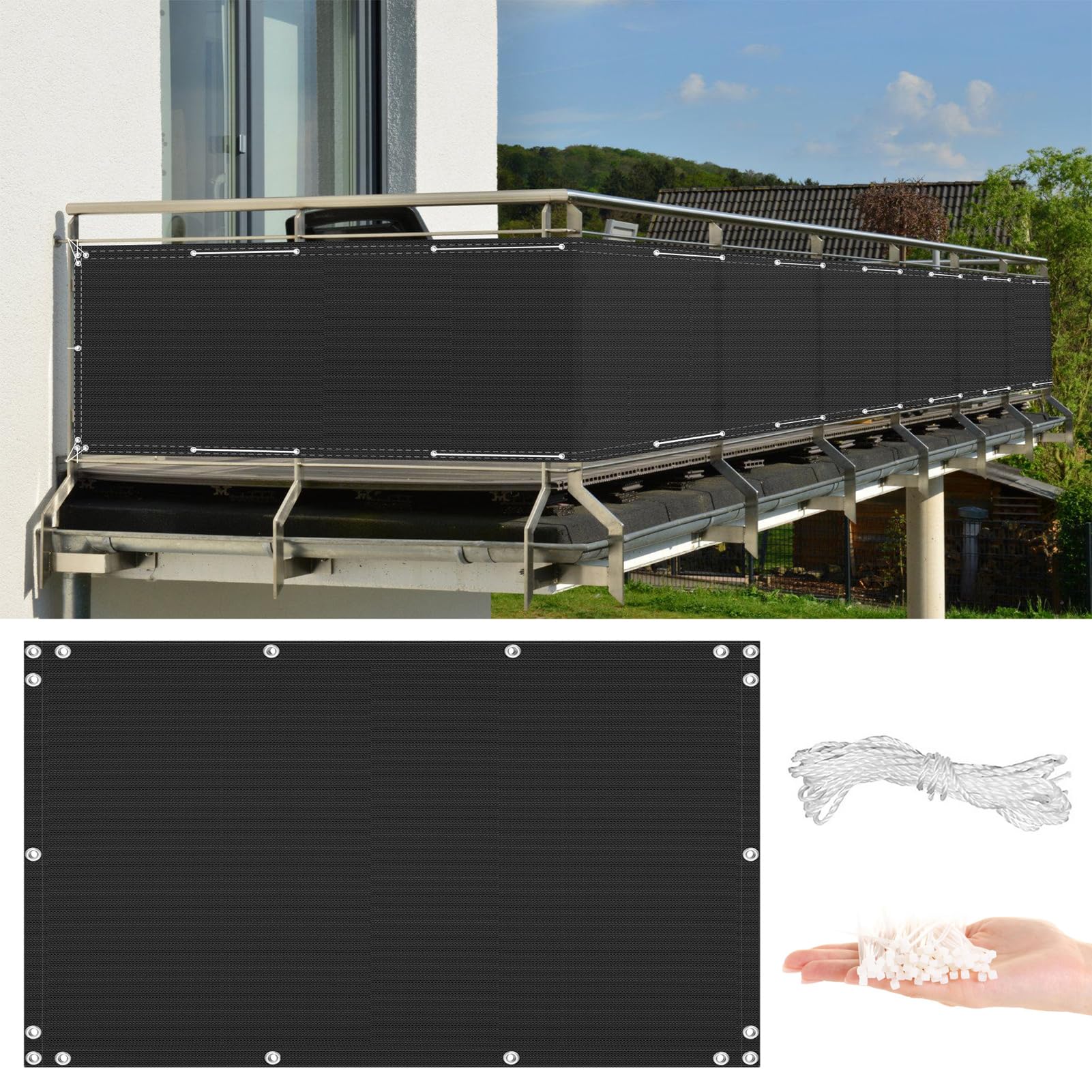 GLDYTVF Balcony 0.8m x 5m UV Protection Weather Resistant Waterproof Outdoor with Grommets & Cable Ties Privacy Netting for Wall Garden Yard Black Color