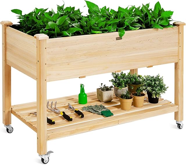 TANGZON Wooden Raised Garden Bed, Mobile Outdoor Planter with Wheels, Protective Liner and Bottom Shelf, Elevated Planter Box for Vegetables, Flowers, Herbs & Fruits, 120 x 59 x 84cm