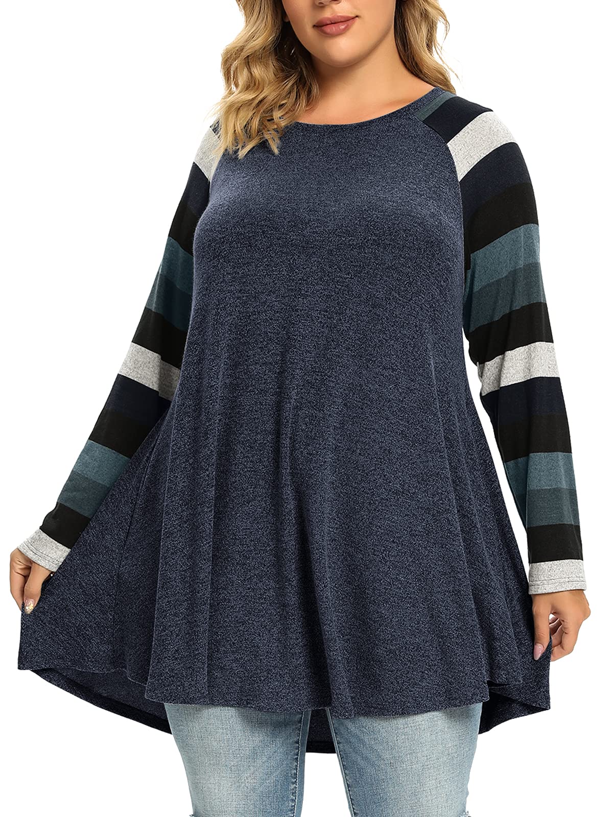 Plus Size Sweaters for Women Long Sleeve Tunic Tops Casual Color Block Loose Pullover Shirts with Pockets