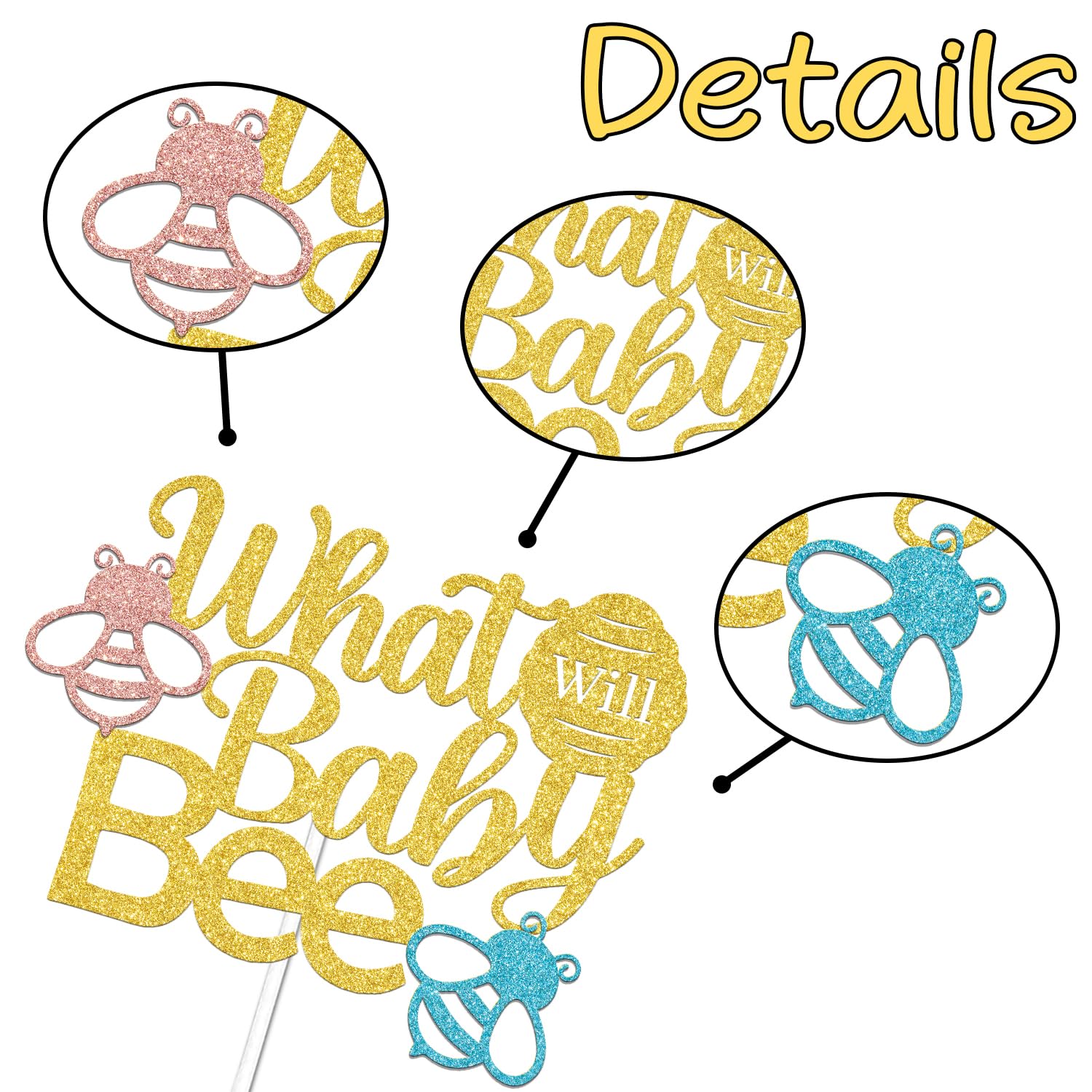 What Will Baby Bee Cake Topper,Honey Bee Gender Reveal Party Cake Decor,Boy Or Girl,Pregnancy Announcement Gender Reveal New Baby Shower Birthday Party Supplies Gold Glitter