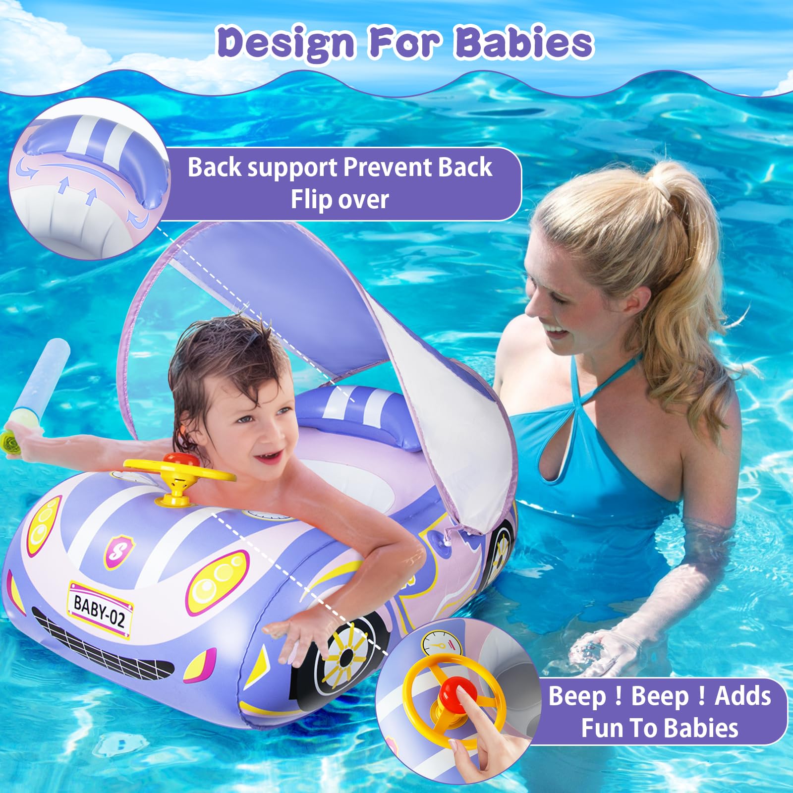 Baby Float with Canopy Car Ninonly Baby Floats for Swimming Pools with UPF50+ Removable Sun Protection Canopy Toddler Swimming Pool for Age of 18-48Months for Kid Purple - Image 3