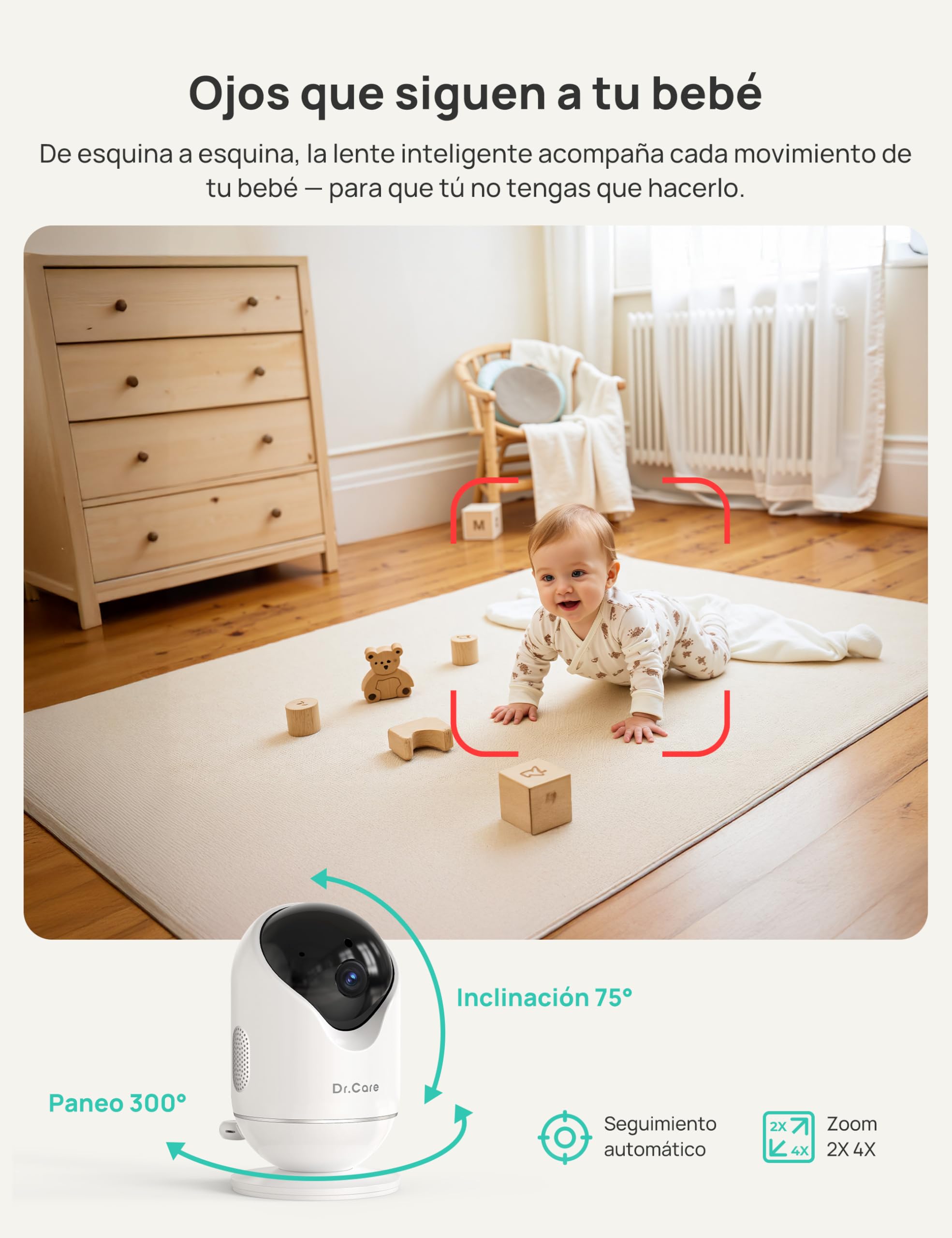Dr.Care VistaView Baby Monitor Smart Wi-Fi de 5” con Soporte Clip, Cámara 2K HD, Control por App, Alertas de Llanto y Movimiento, Visión Nocturna, Batería 5000 mAh, Audio Bidireccional
