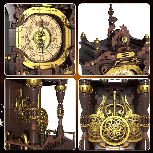 Miniatura 4 de Juego de bloques de construcción de reloj de péndulo vintage, péndulo móvil y esfera giratoria, juguetes de bloques de construcción mecánicos,