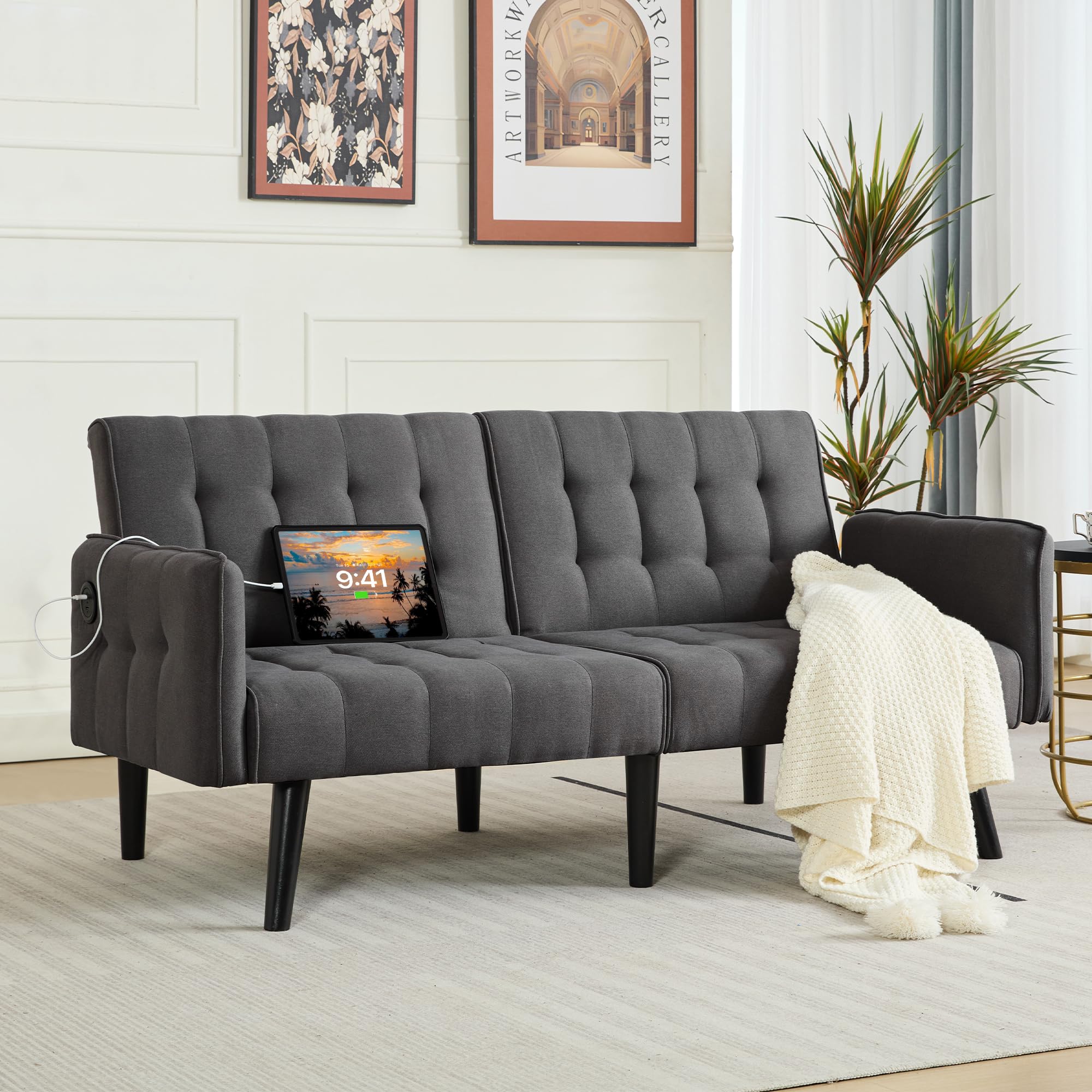 65'' Convertible Futon Sofa Bed with USB, Small Couch for Living Room | Sleeper Sofa, Adjustable Folding Couch with Tufted Design and 2 USB Ports, Bedroom Apartment Office, Dark Grey