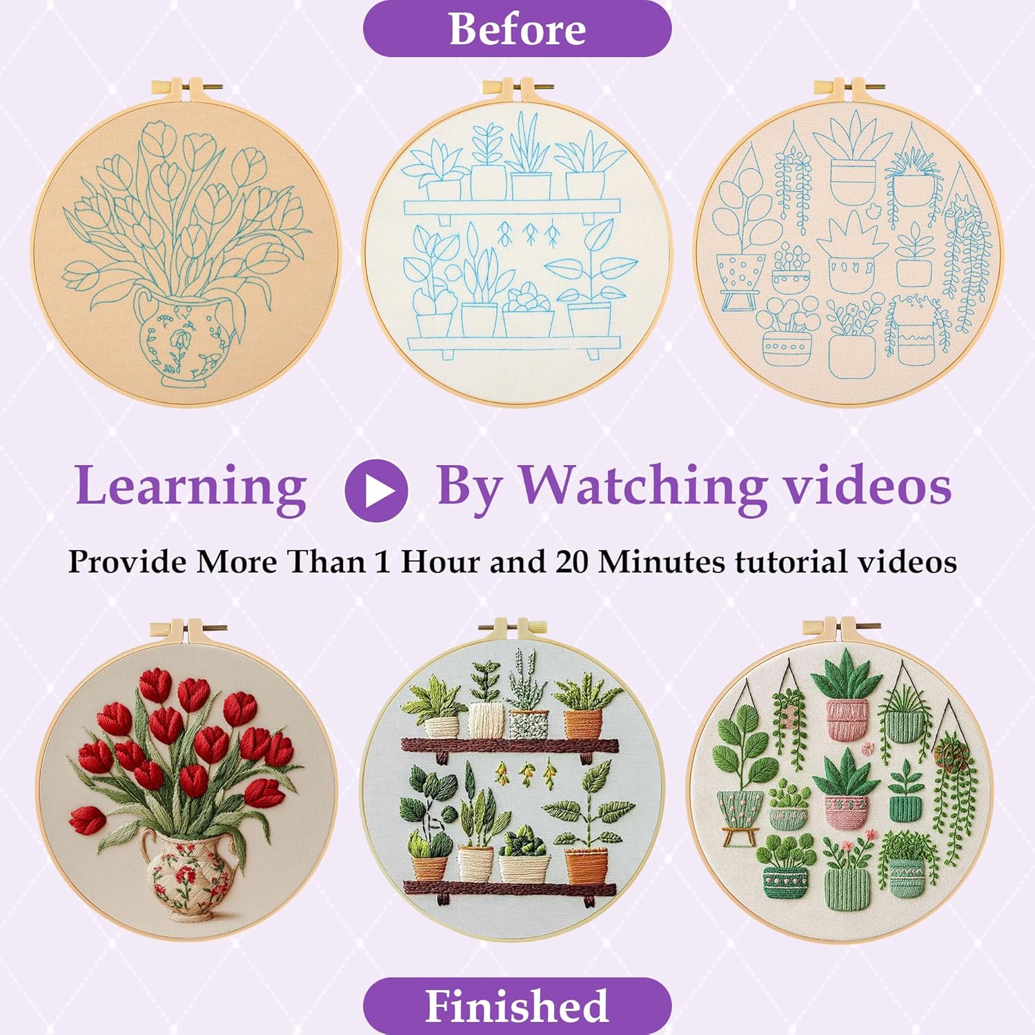 3 Pack Embroidery Kit for Adult Beginners, Needlepoint Cross Stitch Kits with Flower and Green Plant Stamped Patterns, Embroidery Hoop, Tools,Colorful Threads,Step by Step Instructions,DIY Starter Kit