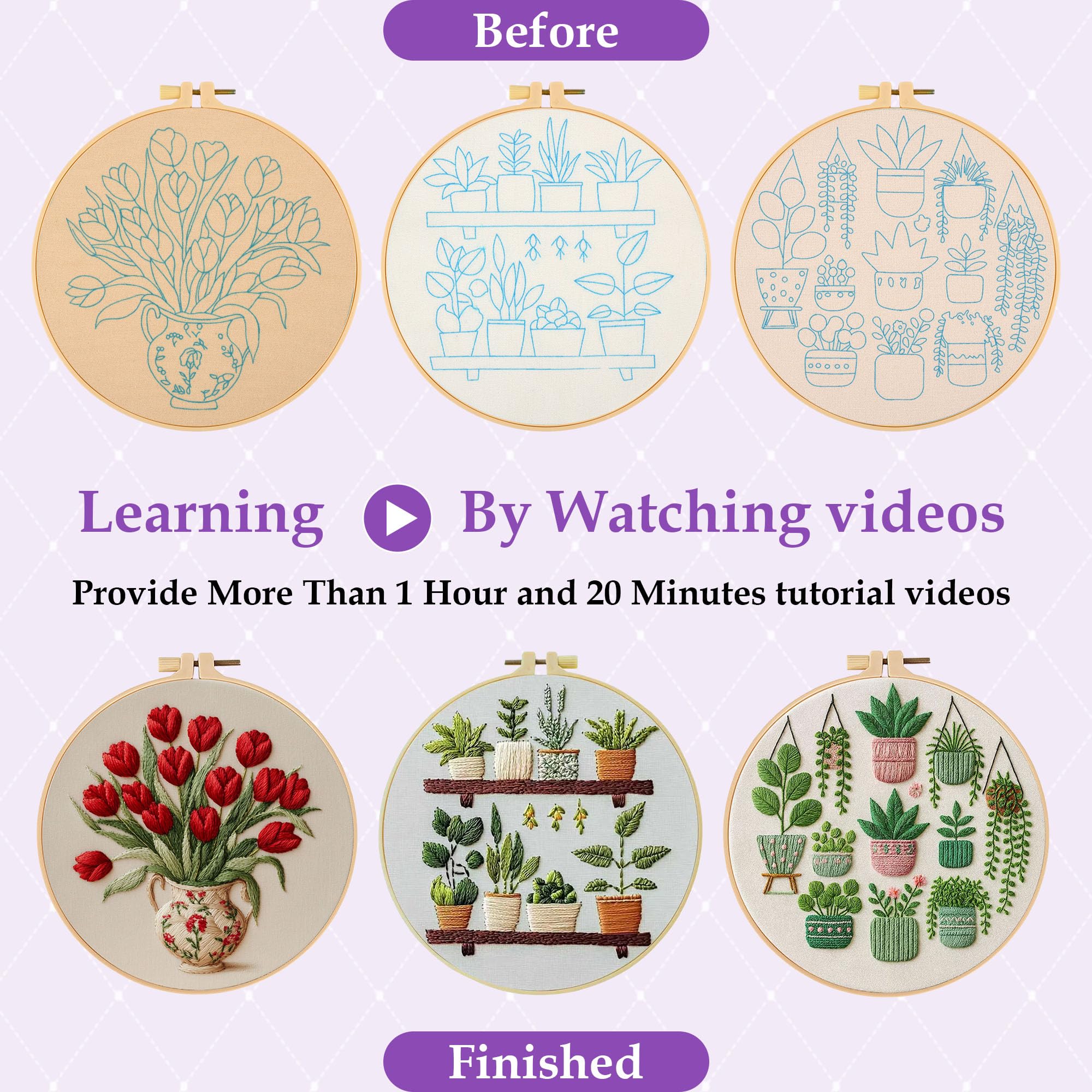 Embroidery Kits for Beginners - 3 Pack Floral Designs -4 Embroidery Kits for Beginners - 3 Pack Floral Designs -4