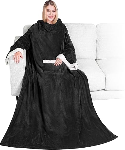 PAVILIA Manta de forro polar con mangas para mujeres y hombres adultos, manta portátil cálida y suave, acogedora con bolsillo para abrazarse, manta