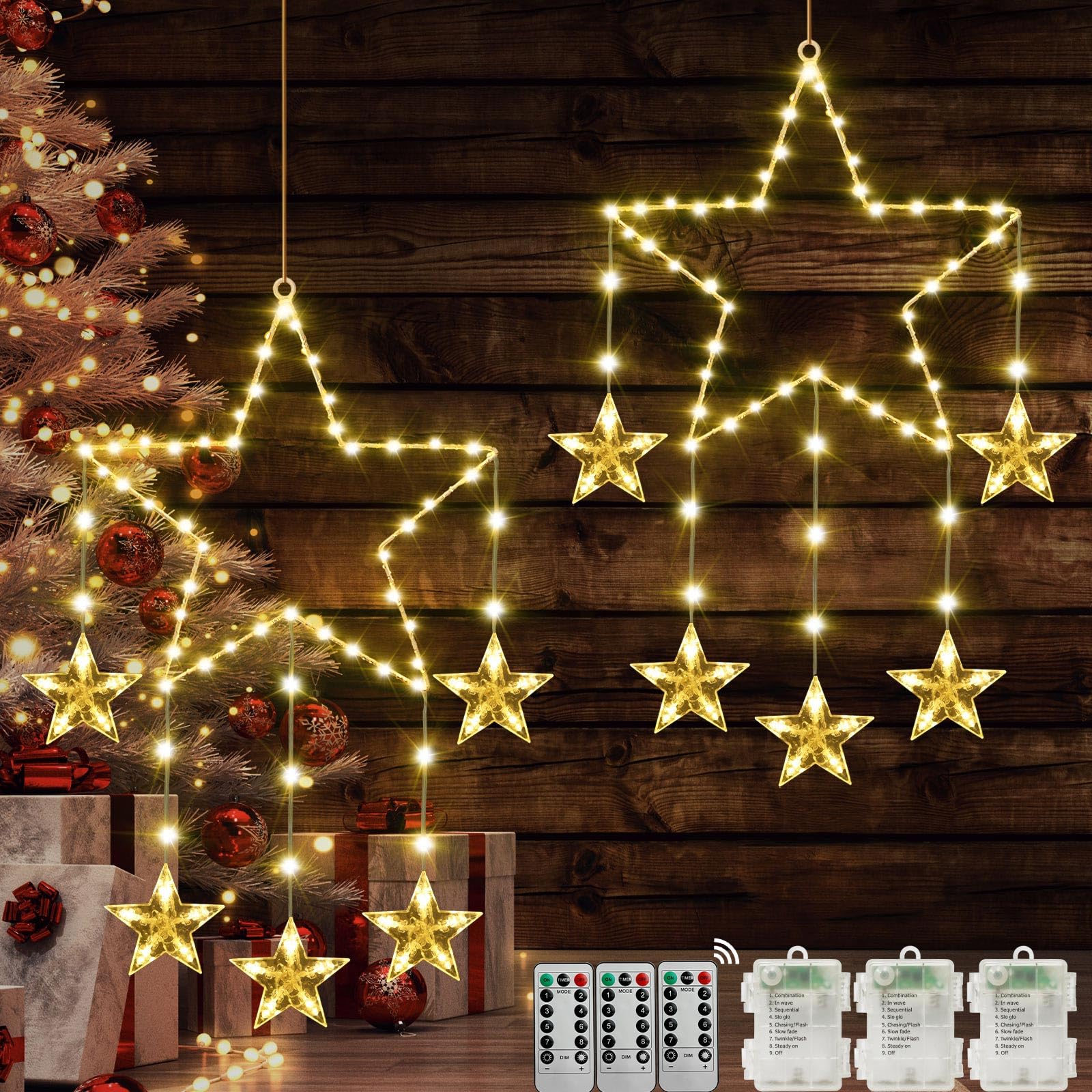 Therlan LED Fensterdeko Weihnachten Beleuchtet, 2 Stck Batterie 62 LEDs  Sterne Weihnachtsbeleuchtung mit Timer, 8 Modi Speicherfunktion  Weihnachtsstern Weihnachtsdeko Fenster Lichterketten Warmweien :  Amazon.de: Beleuchtung