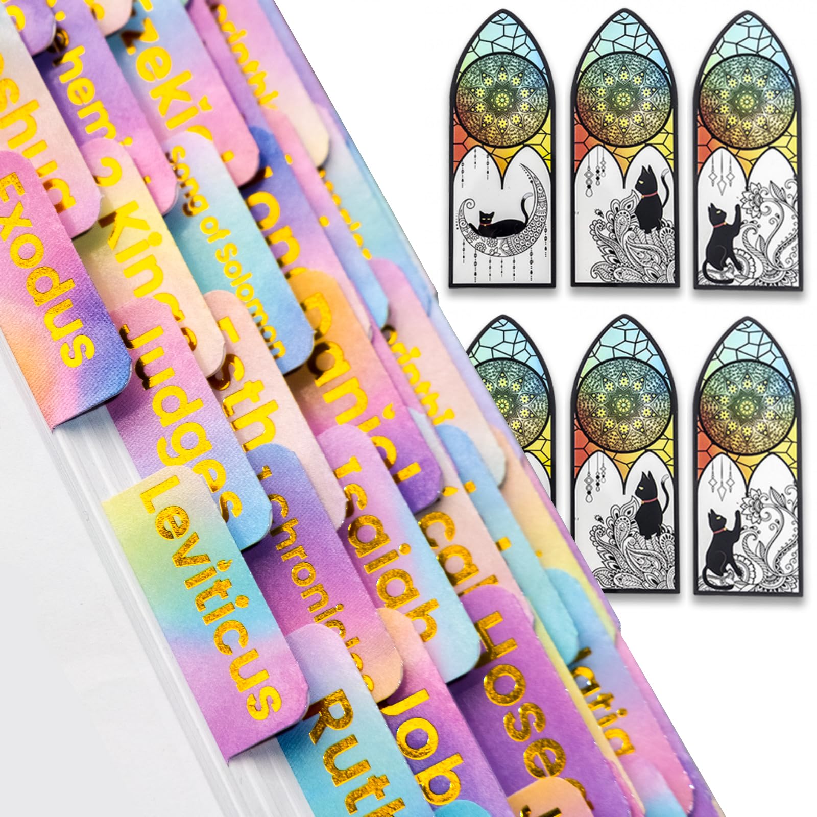 Bible Tabs with Unique Stickers, Laminated Bible Tabs for Women &amp; Men, Christian Gifts, Large Print Bible Tabs for Easy Navigation, Bible Book Index Tabs Labels, Bible Study Supplies, Rainbow3 SQ3
