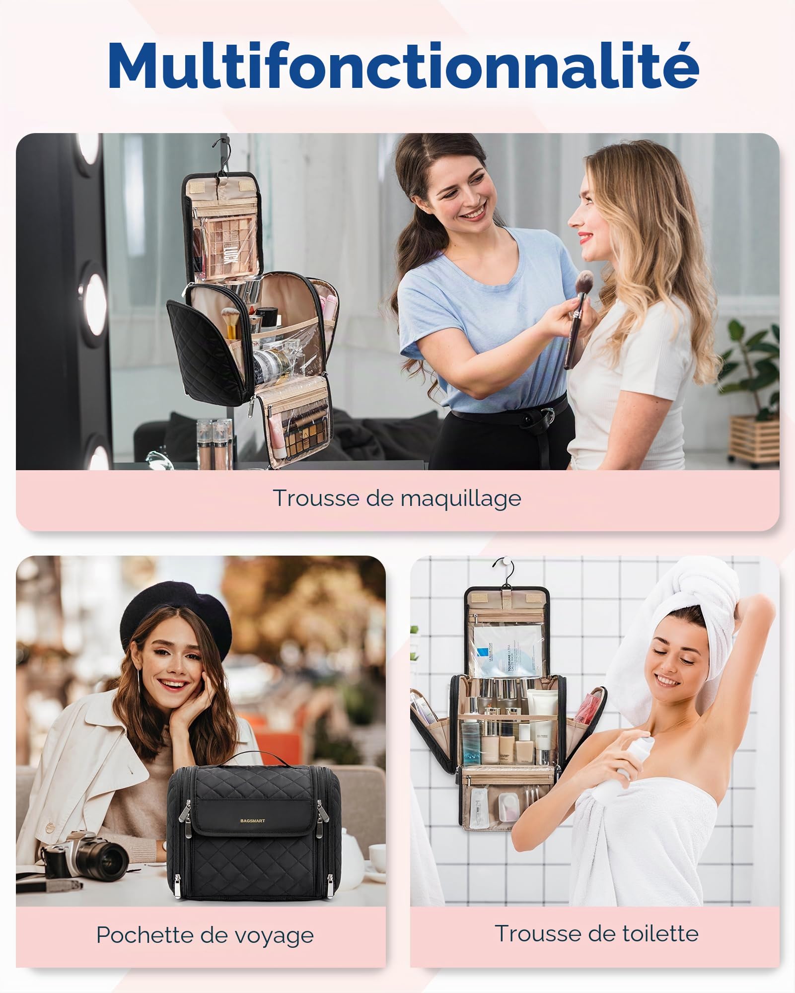 BAGSMART Trousse de Toilette Femme Voyage,Grande Capacité Trousse de Maquillage avec Crochets à Suspendre,Imperméable pour Articles de Toilette,Accessoires de Voyage, Noir