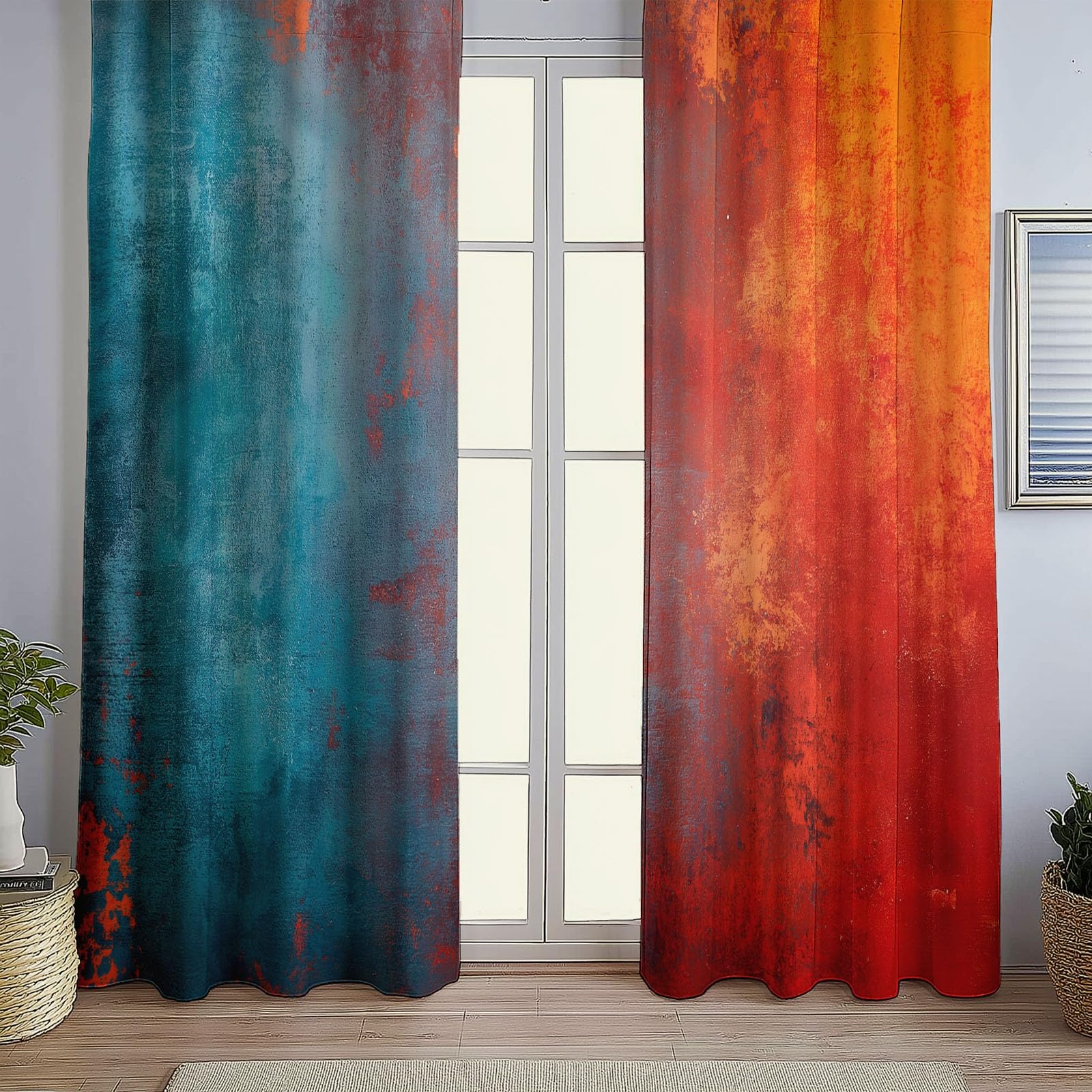 Rideaux Isolants 110L X 215H cm (2 Panneaux), Design Texture Rouille Vintage Tenture Opaque Anti-Chaleur pour Chambre Principale, Bleu Rouge