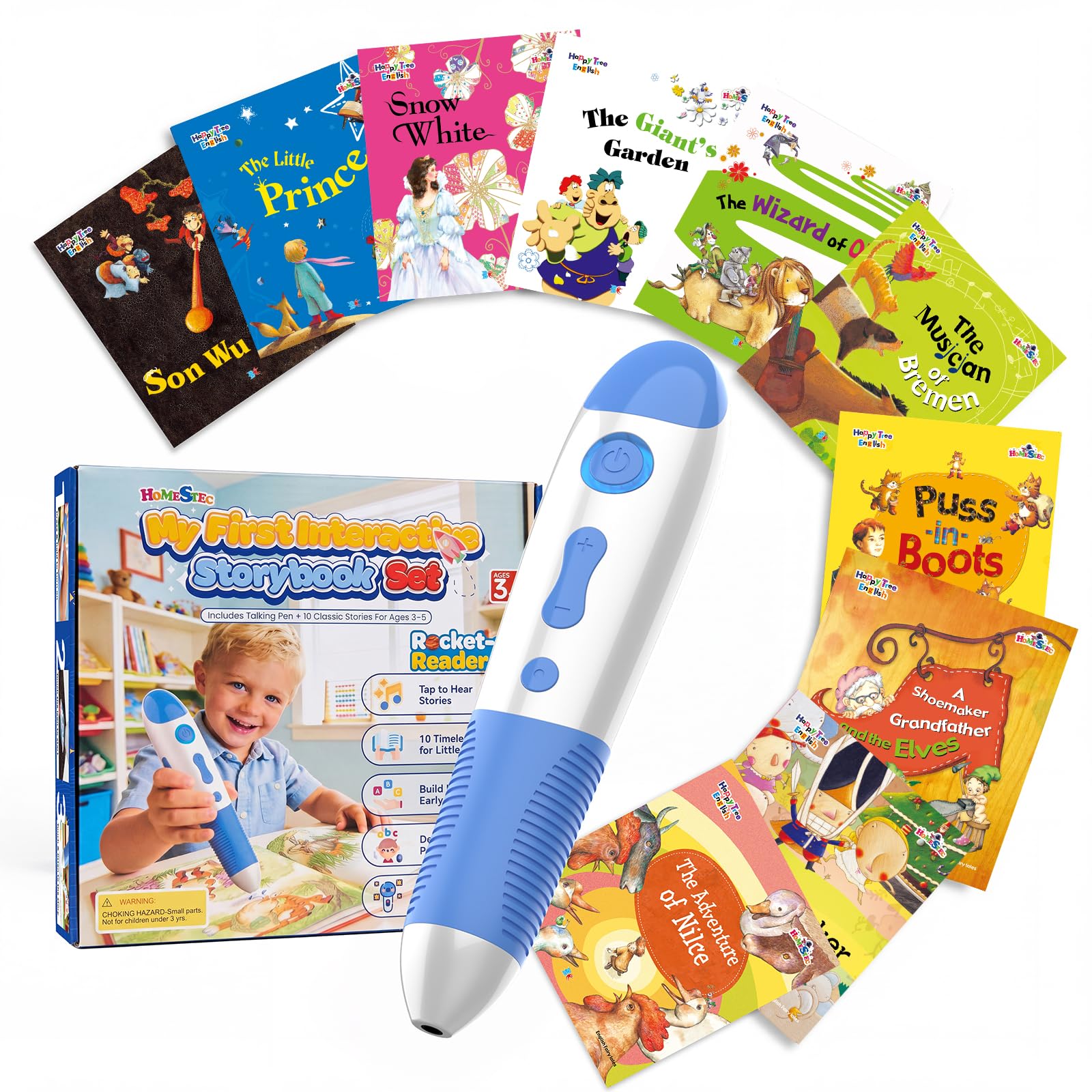 Stylo Audio Interactif avec 10 Livres d’Histoires en Anglais, Livres Sonores à Toucher, Histoires Audio pour Enfants, Jouet Éducatif sans Écran, Rechargeable USB-C