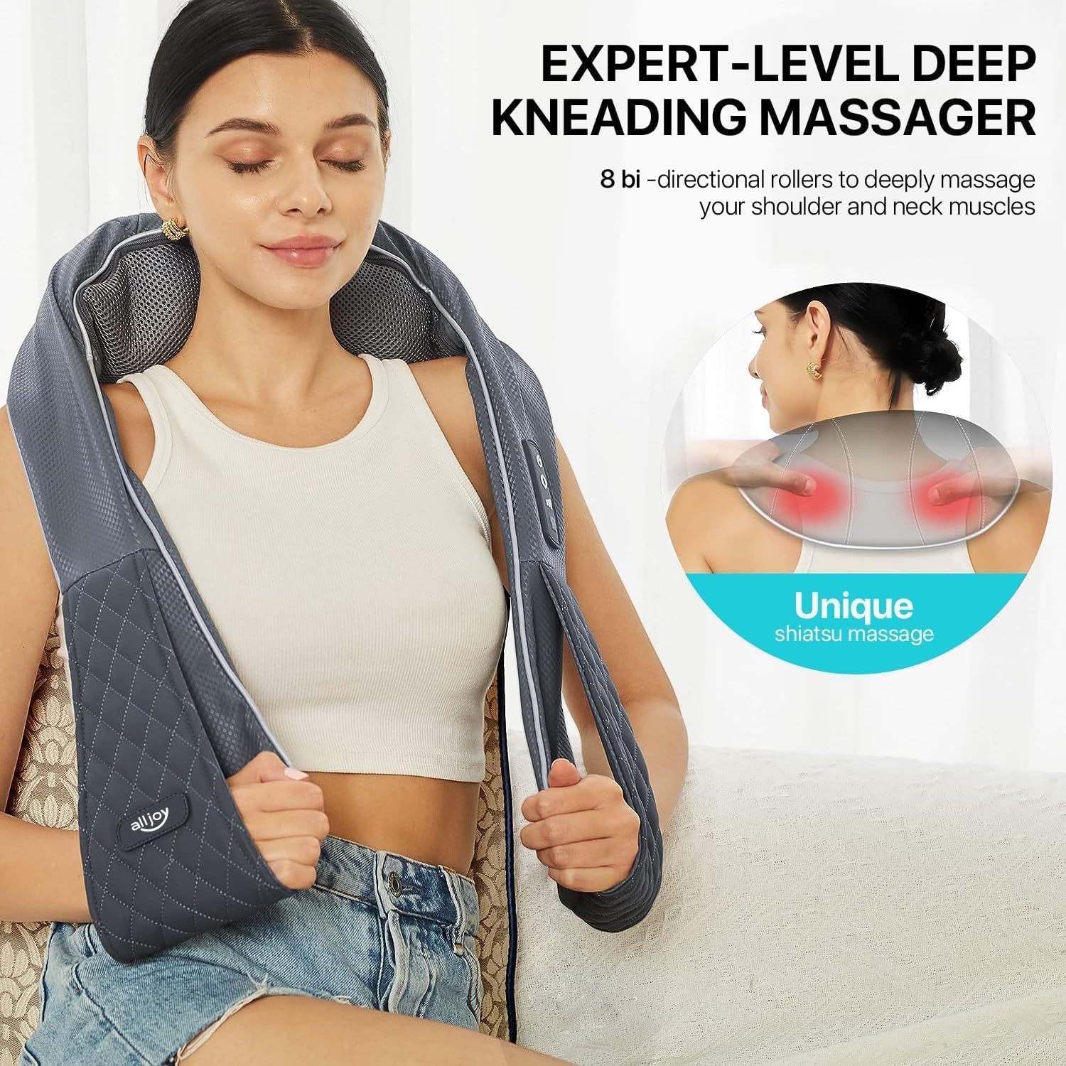 ALLJOY Massaggiatore Cervicale Senza Fili, Massaggiatore per Collo e Spalle con Riscaldamento, Massaggio Shiatsu Elettrico Schiena 3D Tre Velocità Regolabili, Regalo per Uomo Donna