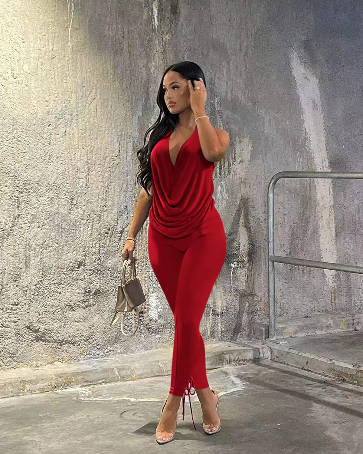 Doweha Women's Sexy Summer Two Piece Outfits Sleeveless Backless Deep V Neck Tank Tops And High Waisted Pants Matching Sets - Image 4