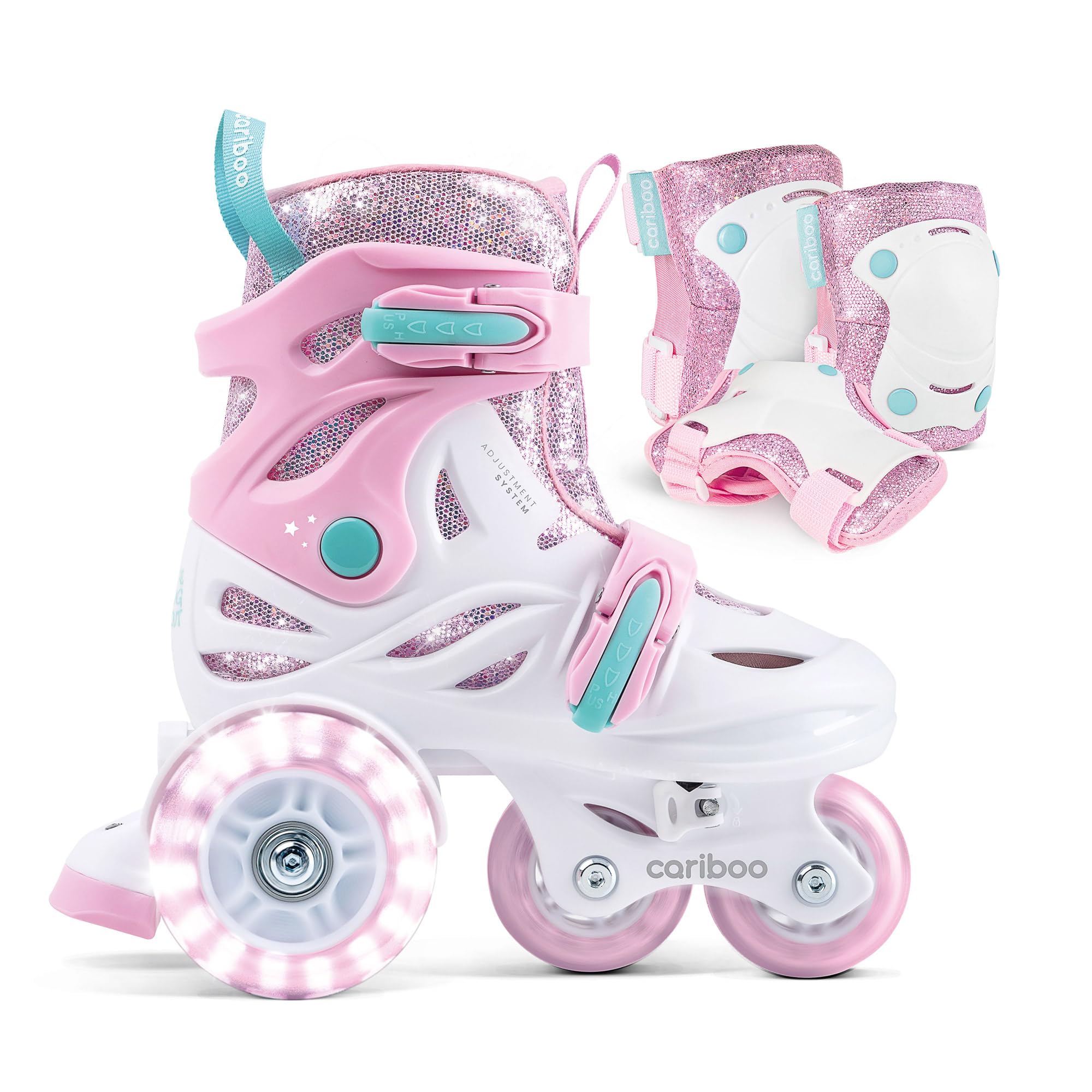 Cariboo Ballerina – Zestaw Rolki Regulowane + Ochraniacze (3-pack) Dla Dzieci, LED Kółka, Blokada Kołek, Bezpieczna Nauka, Brokatowy Design