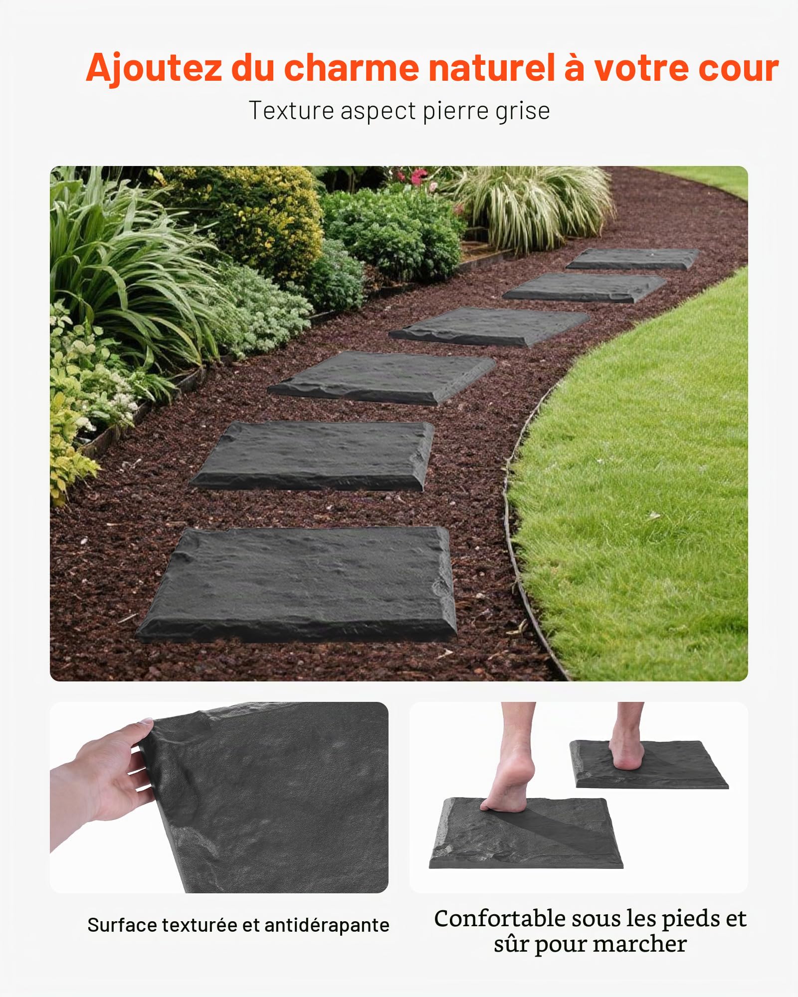 VEVOR Pierres de Marche Jardin, 4 PCS, Dalles de Pas Jardin, 39,5x39,5 cm, Aspect Pierre Naturelle en Résine PC ABS, avec Piquets de Sol, Pavés pour Allée Chemin Extérieure, Pelouse, Terrasse, Gris